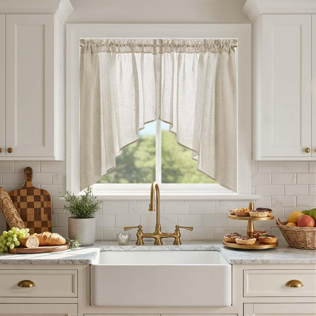 Jinchan Swag Valance for Windows 36 Inch Length Farmhouse Linen Kitchen Valance Country Light Filtering Small Window Treatment for Bedroom Living Room 2 Panels Beige