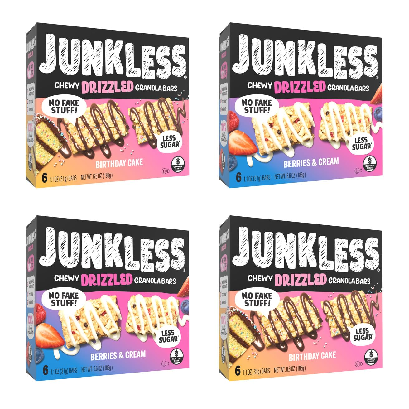 Chewy Granola Bar 2‑Flavor Variety Pack (24 Bars)–Non‑Gmo, Gluten‑Free, Less Sugar Snack Bars— Drizzled Birthday Cake & Berries & Cream, 4 Boxes