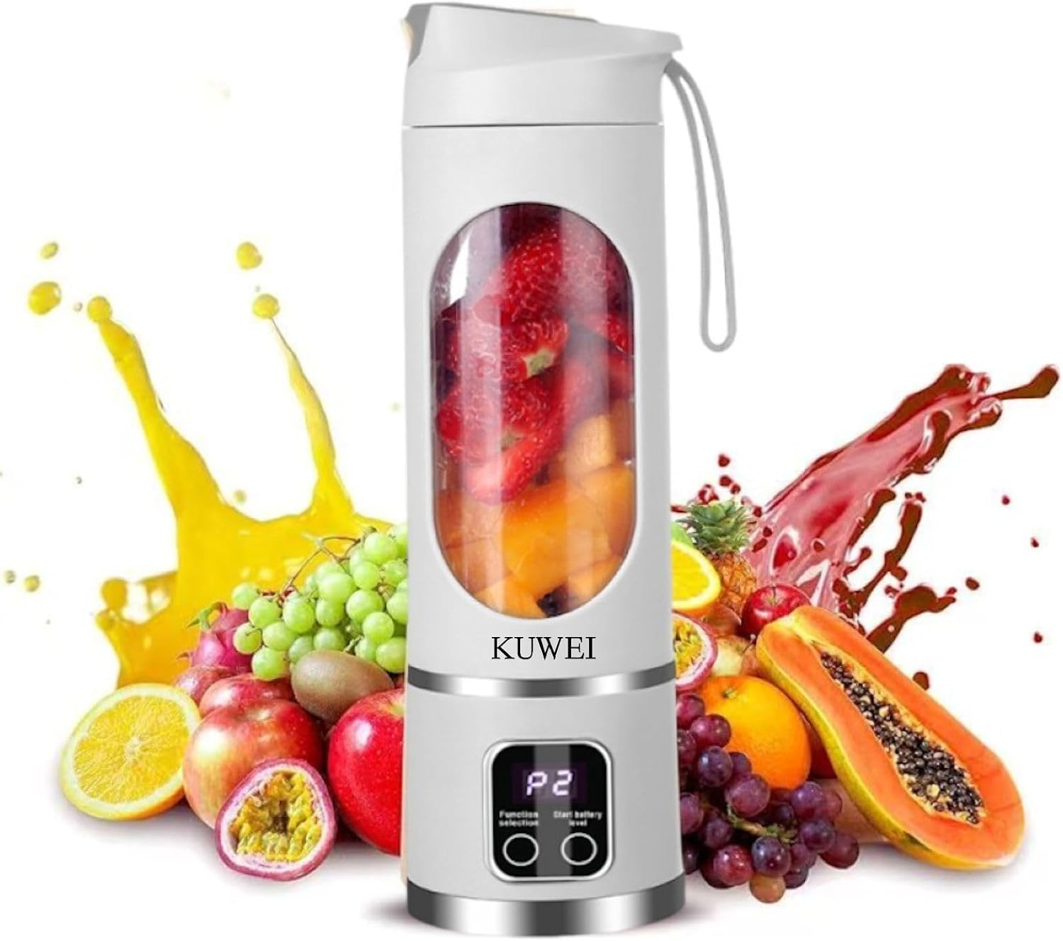 Portable Blender,Usb-C Rechargeable,Personal Compact Travel Juicer Cup15Oz for Shakes, Smoothies,Fresh Juice,Self-Cleaning,Leakproof Lid, Smart Time Display,12 Blades,With Strong Blending White