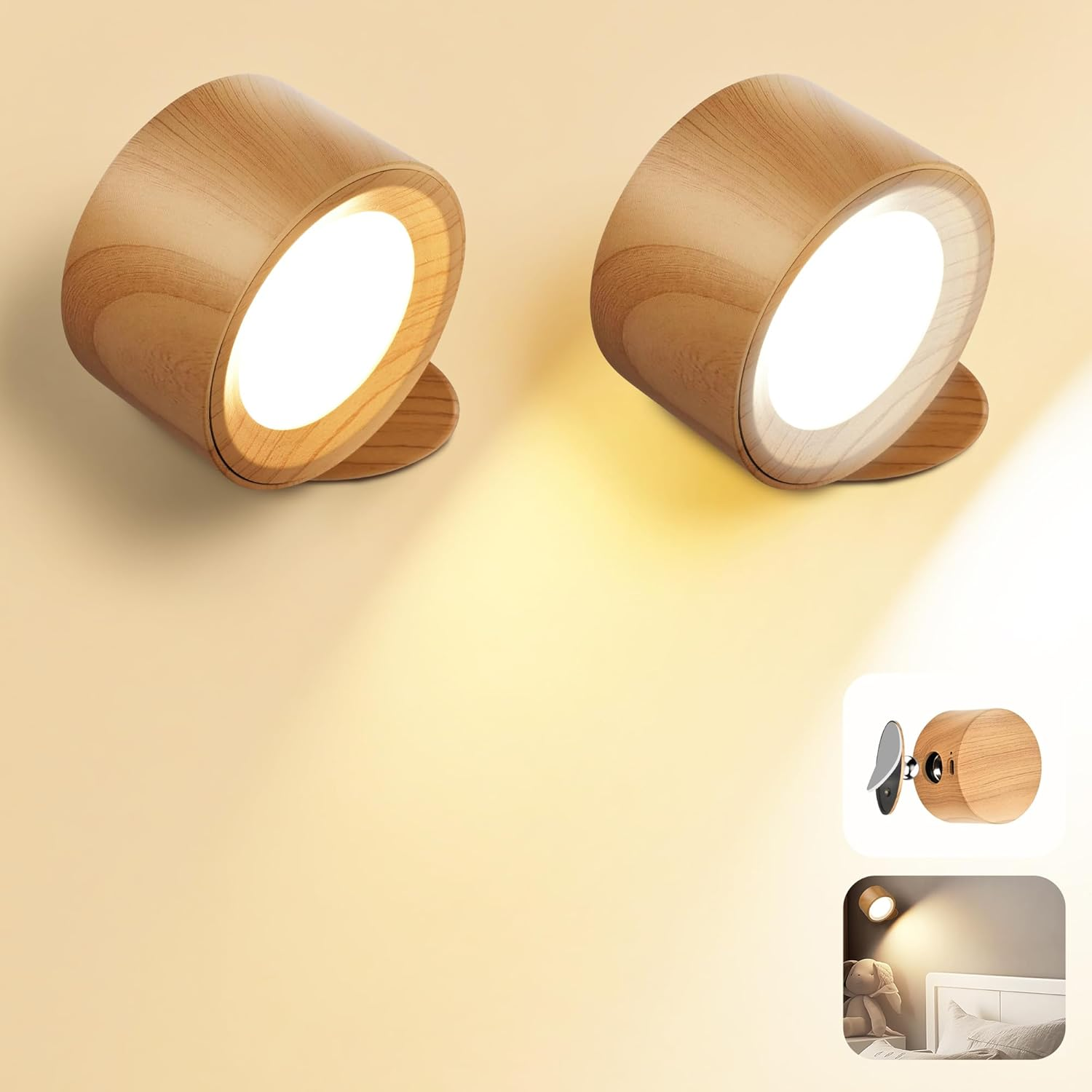 LED Wall Mounted Lamps, Battery Operated Rechargeable Wall Lights, 3CCT & Dimmable, 360°Rotation with Magnetic Ball, Cordless Wall Sconces for Picture Bedside Bedroom Reading, Wood-2 Pack