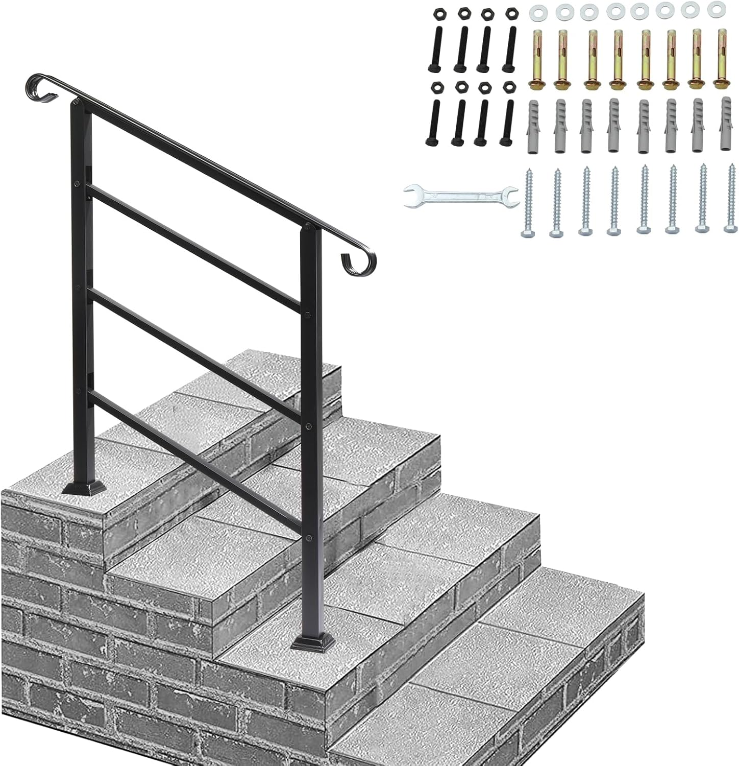 Handrails for Outdoor Steps, Fit 1-3 Steps Outdoor Stair Railing, Adjustable Wrought Iron Handrail with Installation Kit, Transitional Hand Rails for Indoor Concrete Garden Porch Steps