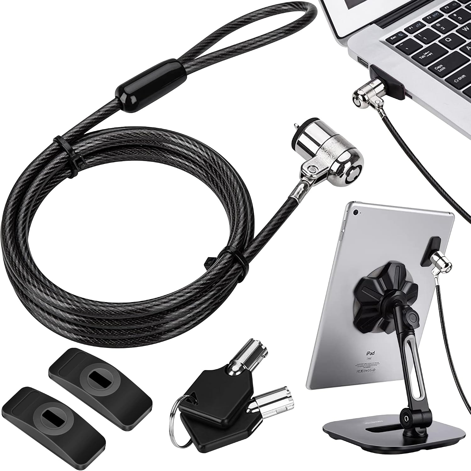 Laptop Lock, Tablet Lock Security Cable, 2 Keys Durable Steel iPad Locking Kit w/Adhesive Anchors, Anti Theft Hardware Protection for iPhone Mobile Notebook Computer Monitor Mac Book Laptop