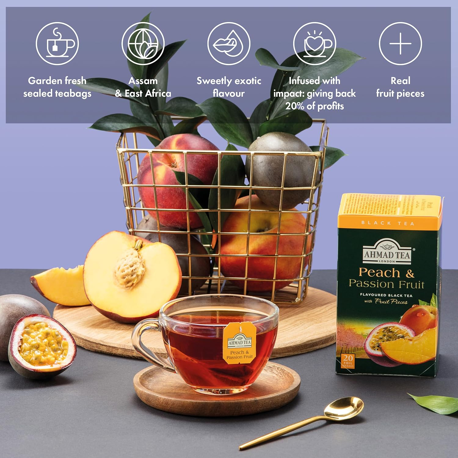 Black Tea, Peach and Passion Fruit Teabags, 20 Ct (Pack of 6) - Caffeinated and Sugar-Free