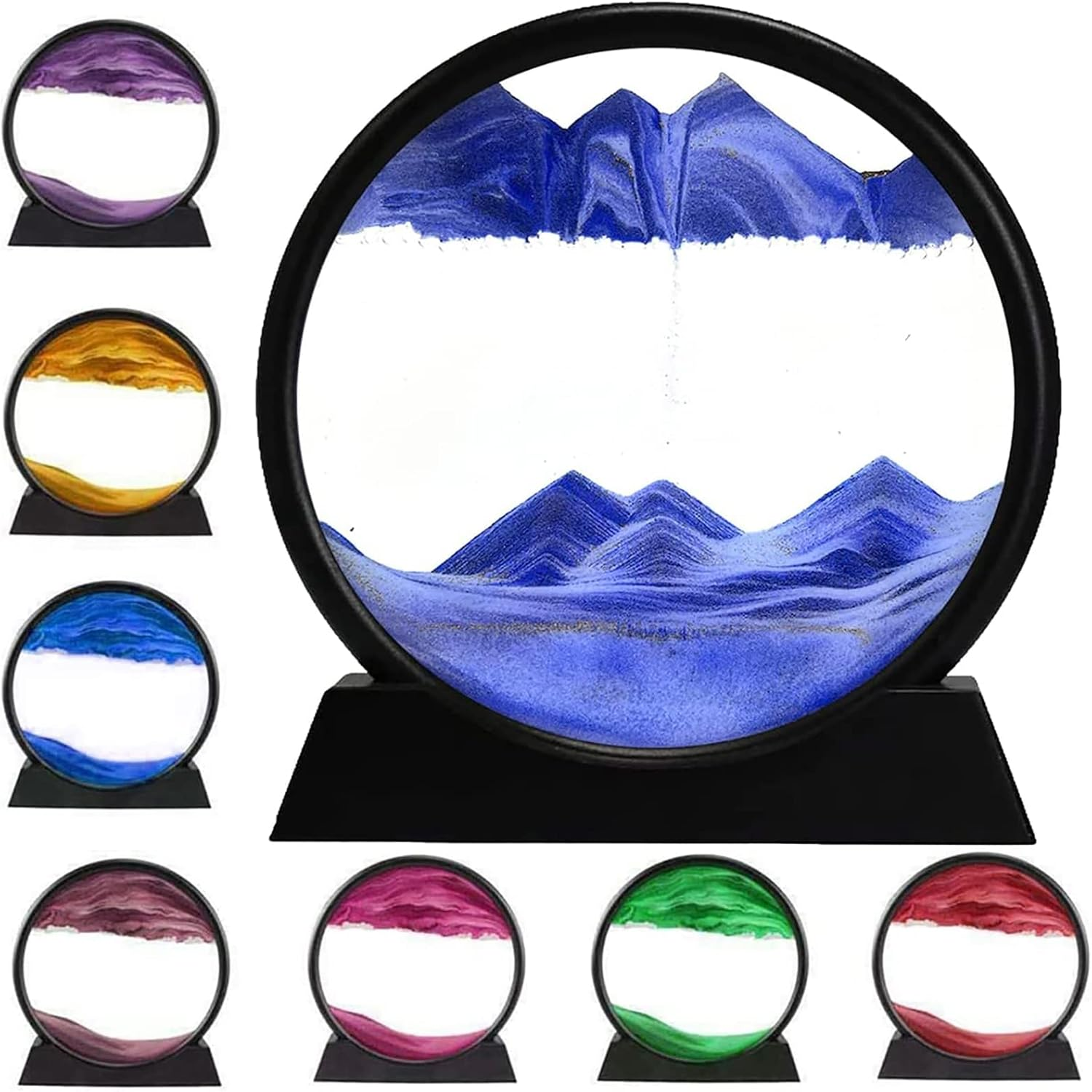 ANBOER 3D Dynamic Sand Art Liquid Motion, Moving Sand Art Picture round Glass 3D Deep Sea Sandscape in Motion Display Flowing Sand Frame Relaxing Desktop Home Office Work Decor (Blue, 7 Inch)