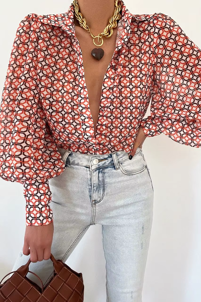 King Mcgreen Star Fashion Lapel Lantern Sleeve Blouses Office Lady Vintage Floral Print Shirts Tops Button up Long Sleeve Shirt