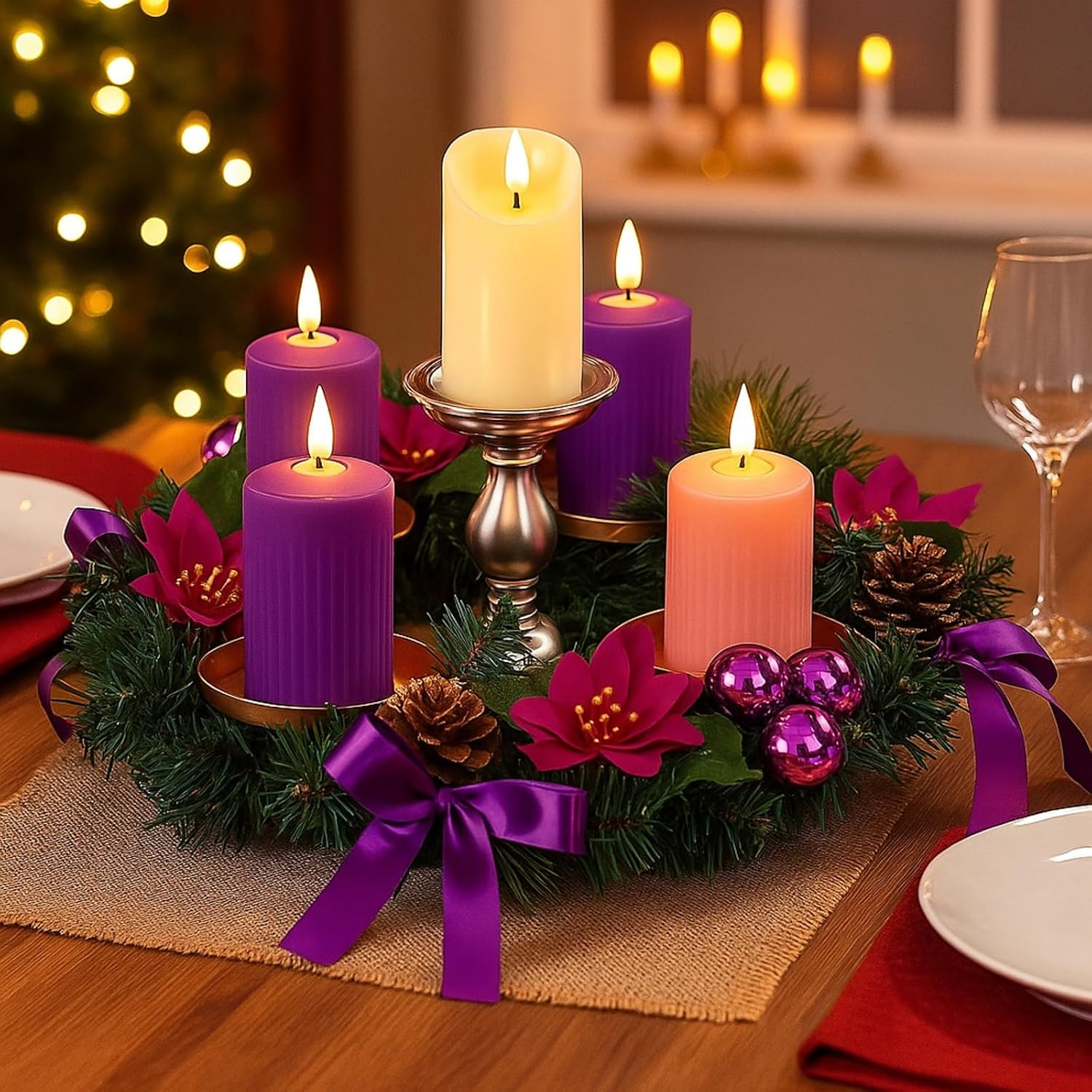 7 Pcs Christmas Advent Wreath Candle Holder 5 Flameless Candle Set