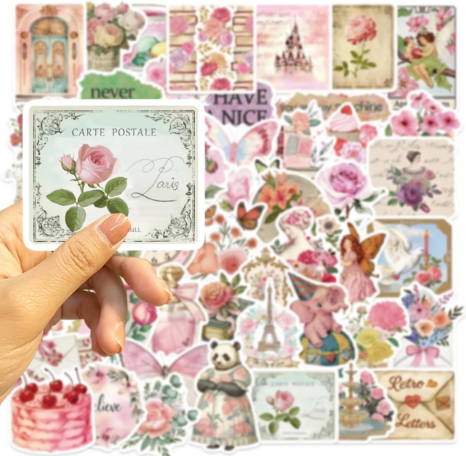 50PCS Retro Pink Collage Doodles Sticker Butterfly Flower Letter Theme PVC St... - Picture 4 of 14
