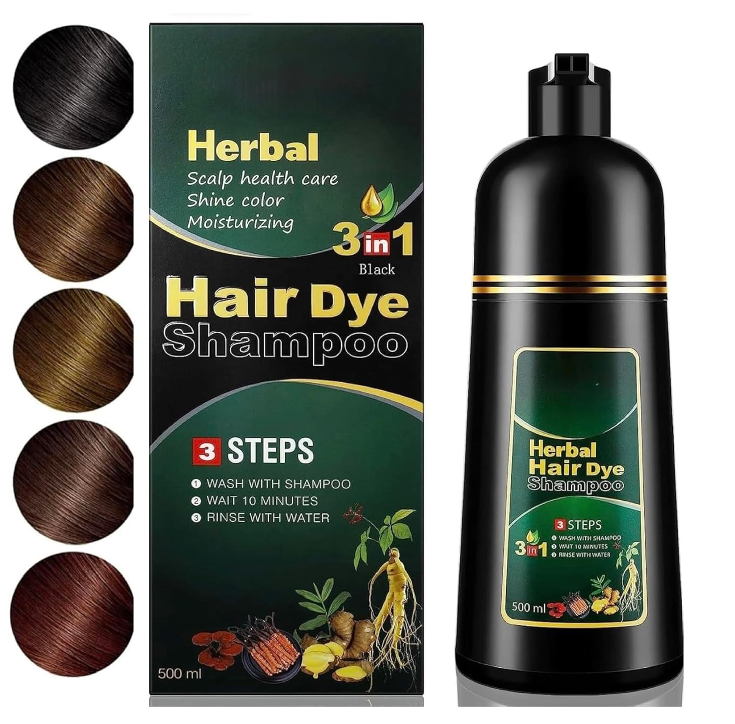 Chestnut Brown Hair Dye Shampoo 3in1 Gray Coverage Herbal Color for Unisex 500ml