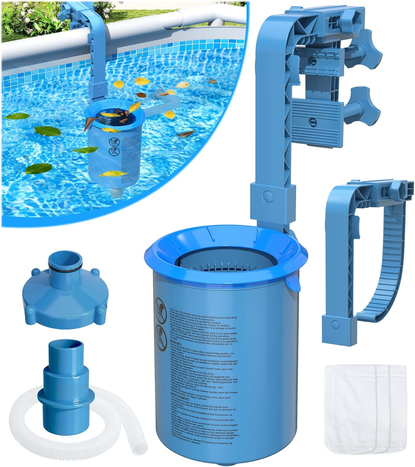 Upgrade above Ground Pool Skimmer Comes with 3 Socks, Anti-Tilt Wall Mount Surface Skimmer, Removable Skimmer Basket, Adjustable Height Bracket, Auto Skimming Pool Surface Leaves - Blue
