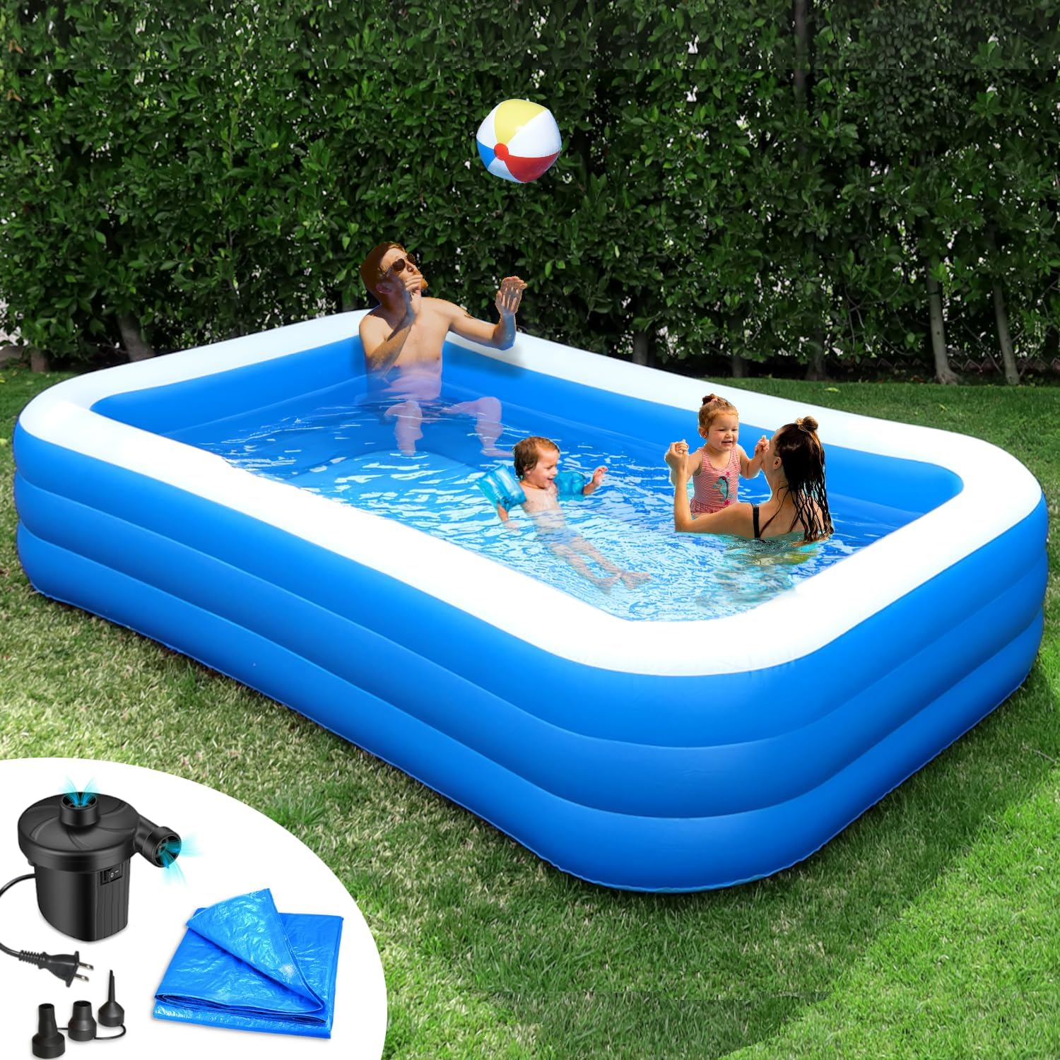 Inflatable Pool Bundle - 10Ft X 6Ft - Electric Pump and Ground Tarp Included - Fast Setup and Reinforced Seams