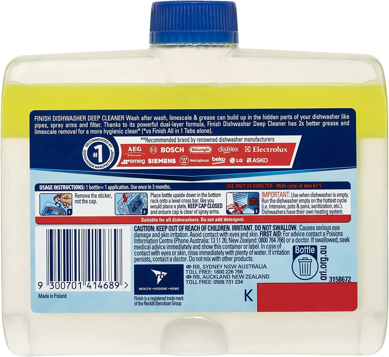 Finish Dishwasher Cleaner Liquid, Lemon Sparkle, 250mL (Pack of 6) - Picture 3 of 14