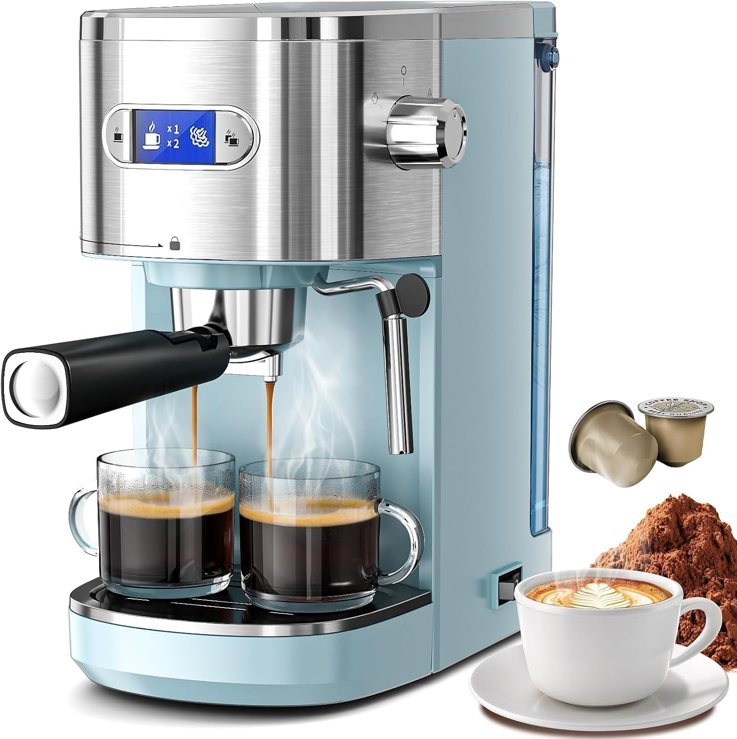 20 Bar Semi-Automatic Espresso Machine with Milk Frother - Blue