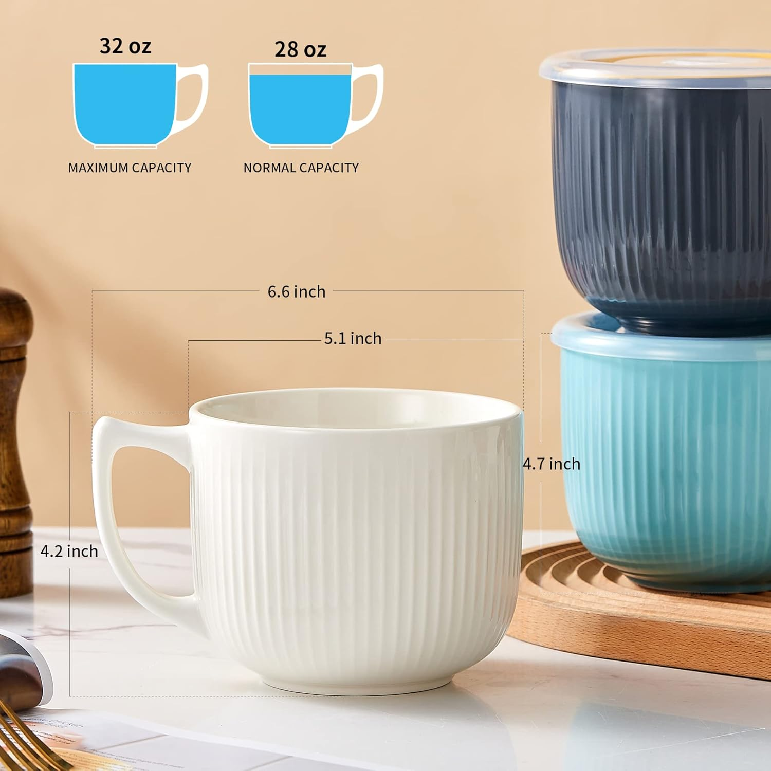 Hoilse Ceramic Soup Bowl with Handle, Large 950ml /32oz Soup Mug with lid, Ri... - Picture 3 of 14