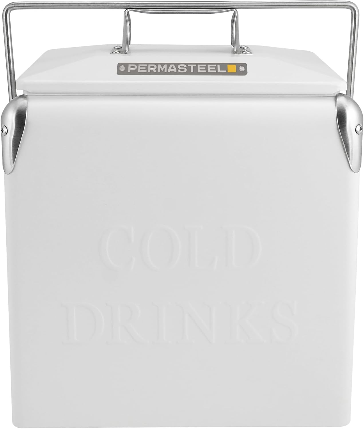 Permasteel Retro Vintage 14-Qt Portable Ice Chest, Hard Metal Beverage Cooler, Personal Cooler for Camping, Beach, Picnic, Classic Style, White
