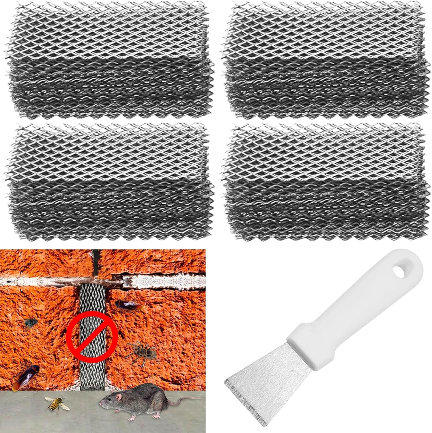 100 PCS Stainless Steel Brick Weep Hole Covers for Brick Walls, 2.75 Inch Brick Hole Filler, Bended Window Weep Hole Covers with Stainless Steel Spatula, Easy Installation