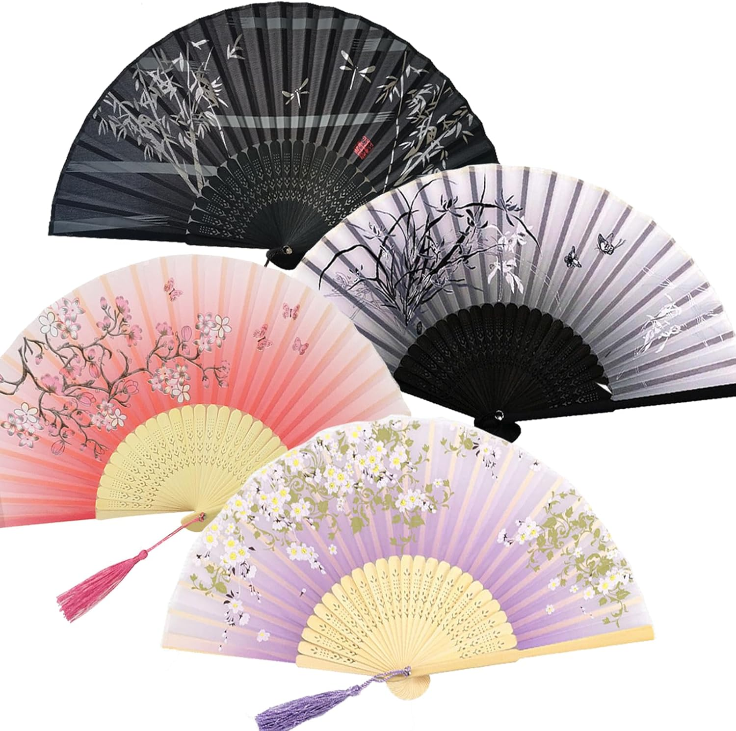 4 PCS Handheld Bamboo Fans, Chinese Silk Folding Fans with Bamboo Frames, Women 