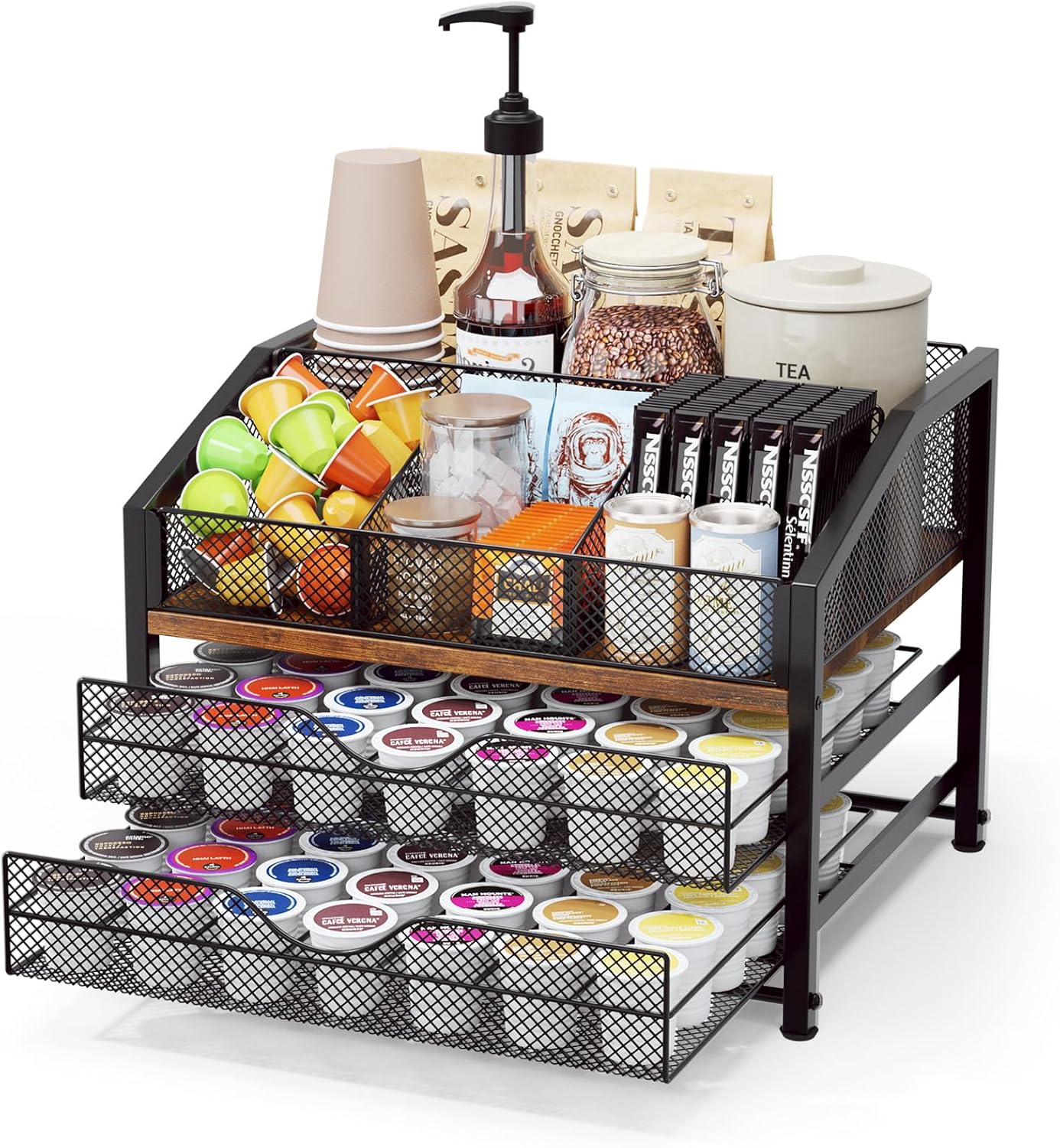 Coffee Bar Organizer - Coffee Station for Countertop, Metal and Wood K Cup Holder Storage Basket for Coffee Pods, Syrup, Cups, Stirrer, Coffee Condiment, Tea Organizer, Black and Brown