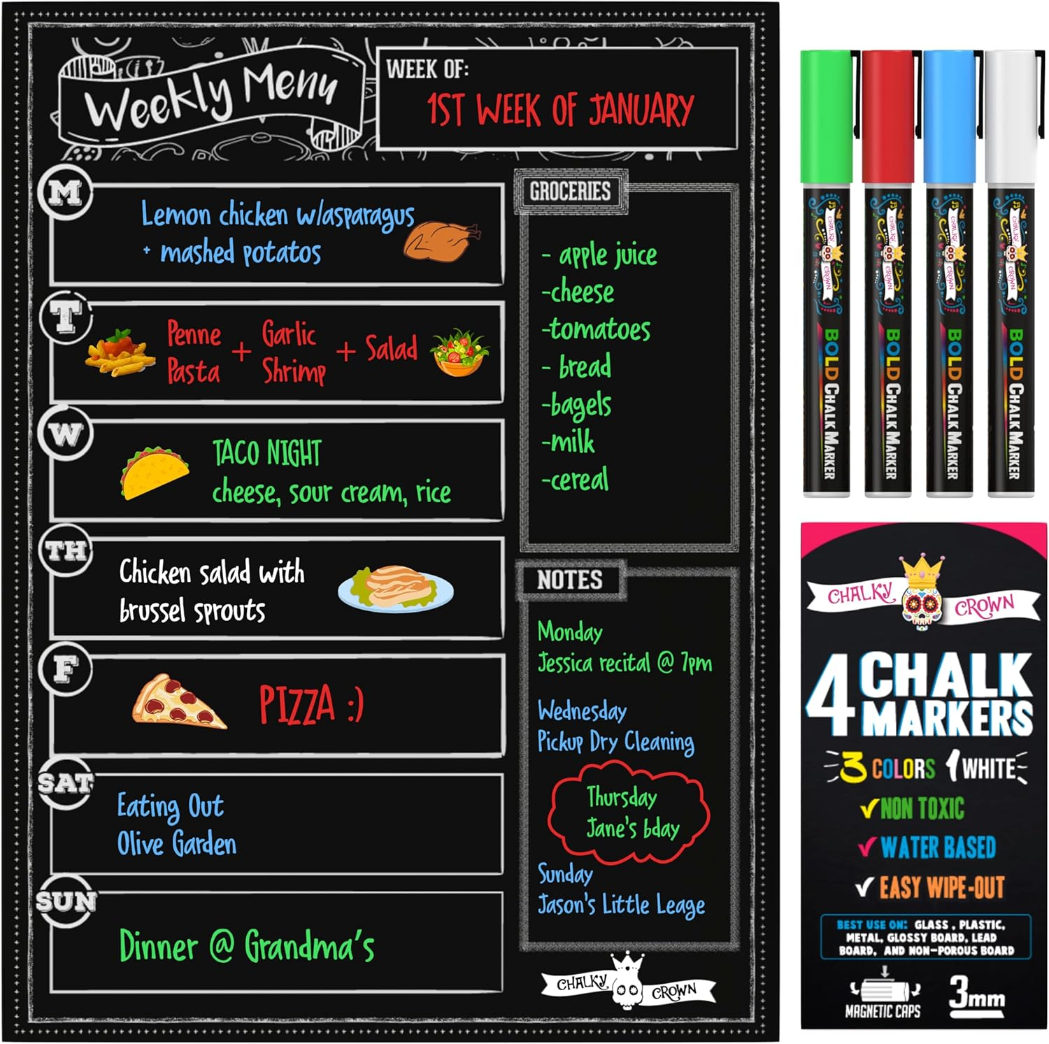 CHALKY CROWN Magnetic Dry Erase Menu Board for Fridge Includes 4 Liquid Chalk Markers - Weekly Meal Planner Blackboard, Grocery List & Notepad for Kitchen Refrigerator - Chalkboard Magnet 15.6