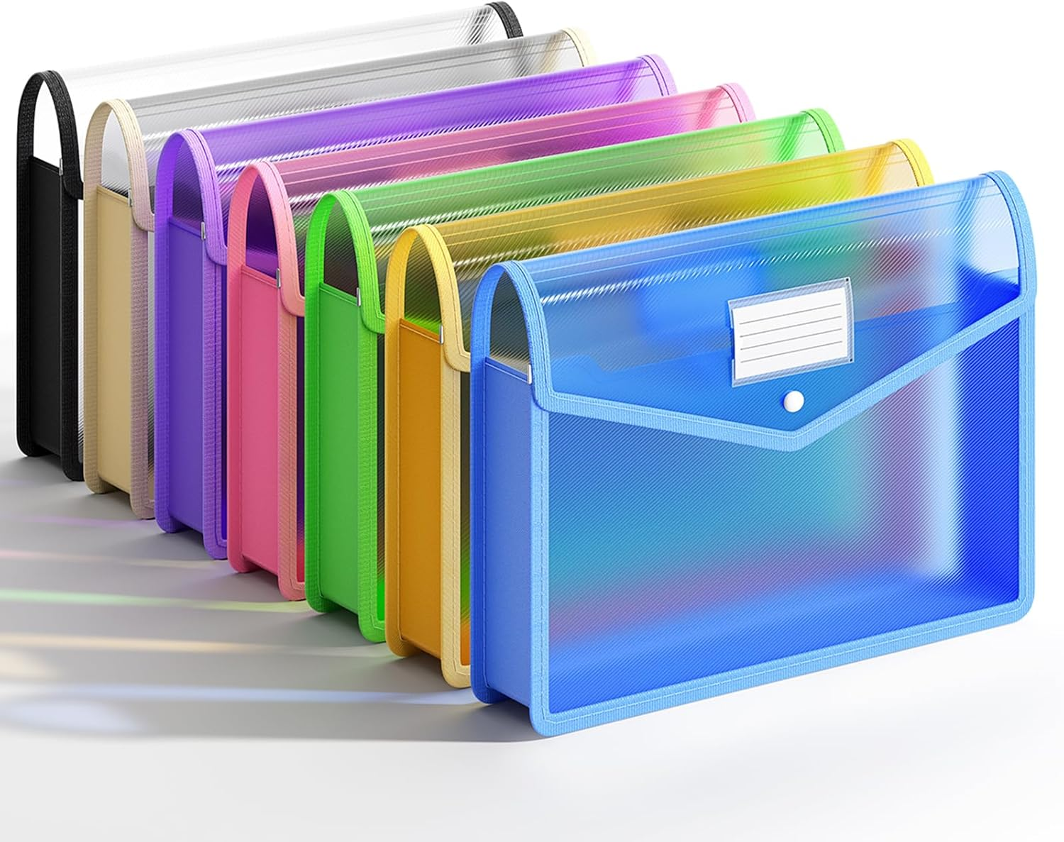 Plastic Expanding File Folder, Transparent Envelopes with Snap Closure | No Dividers, Large Capacity, Assorted Colors, Bills&Taxes, Fits Letter / A4 Size for School / Office / Home, 7 Pack