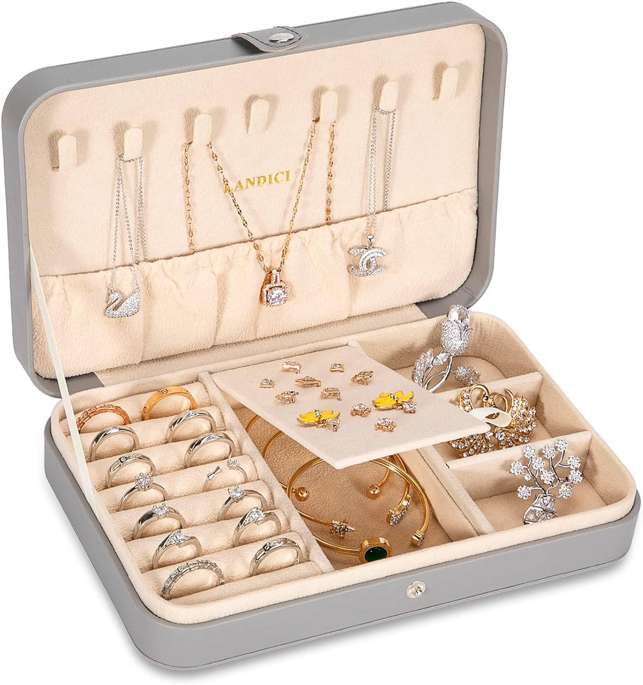 Small Jewelry Box for Women Girls, PU Leather Travel Jewelry Case, Portable Jewelry Organizer Storage Holder Display for Ring Earrings Necklace Bracelet Bangle Men Kids Gift, Grey