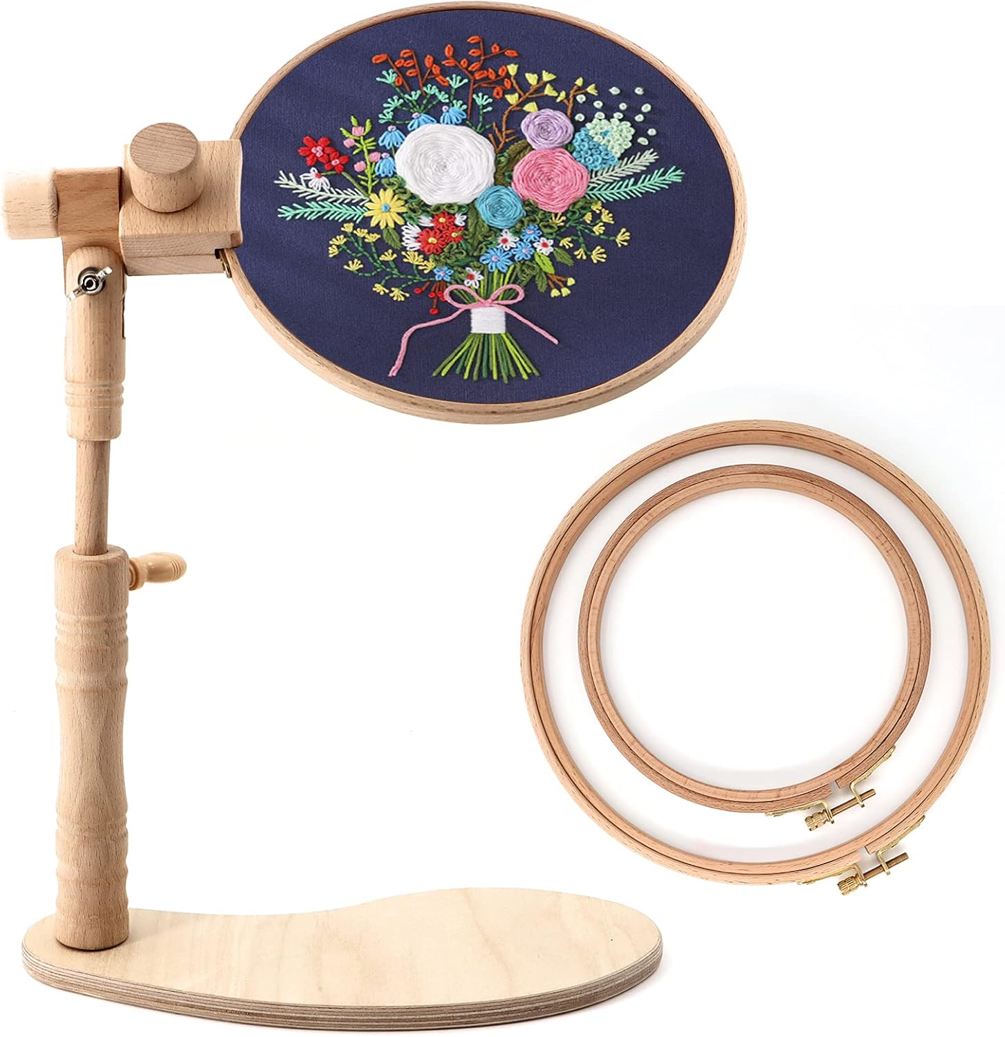 ZOCONE Beech Wood Adjustable Rotated Embroidery Hoop Stand with 2 Pcs 6'' 8'' 