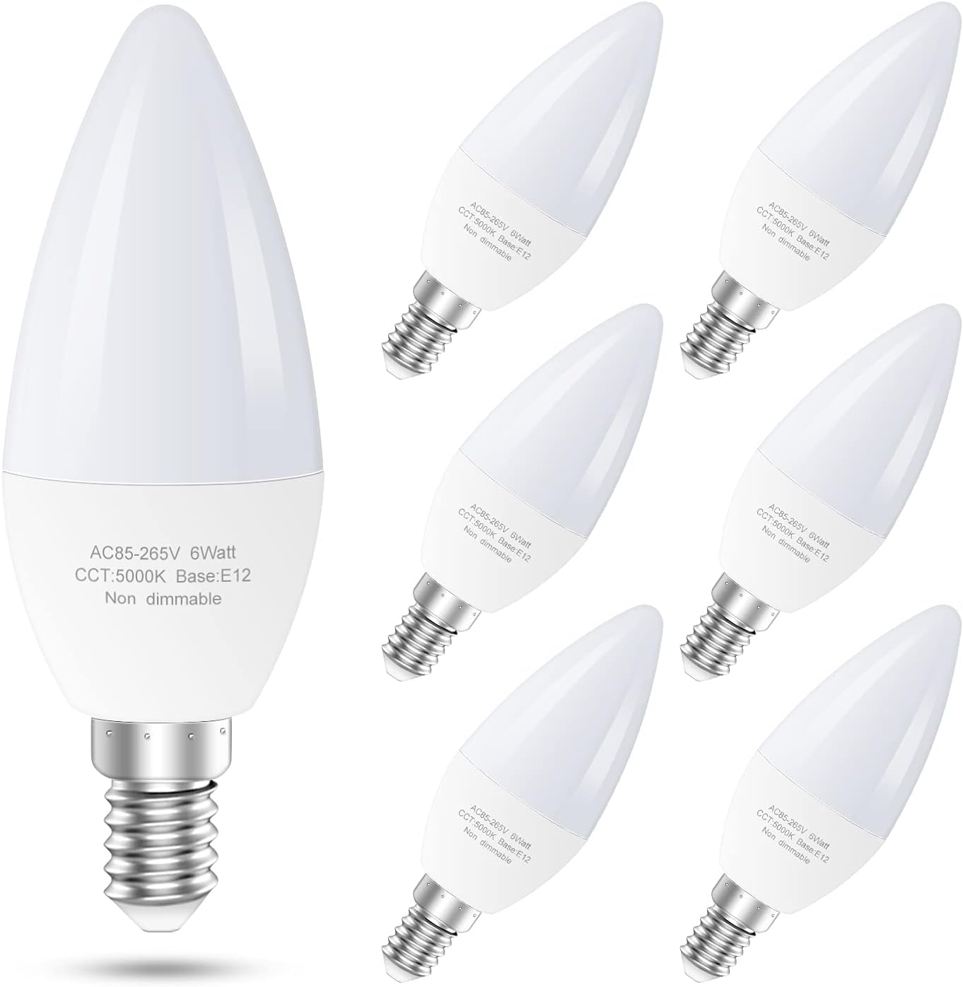 6-Pack E12 LED Ceiling Fan Light Bulbs, 60 Watts Equivalent Candelabra LED Light Bulbs, Type B Light Bulb for Chandelier, Candle Lightbulbs, Non-Dimmable, 5000K Daylight, 6 Pcs