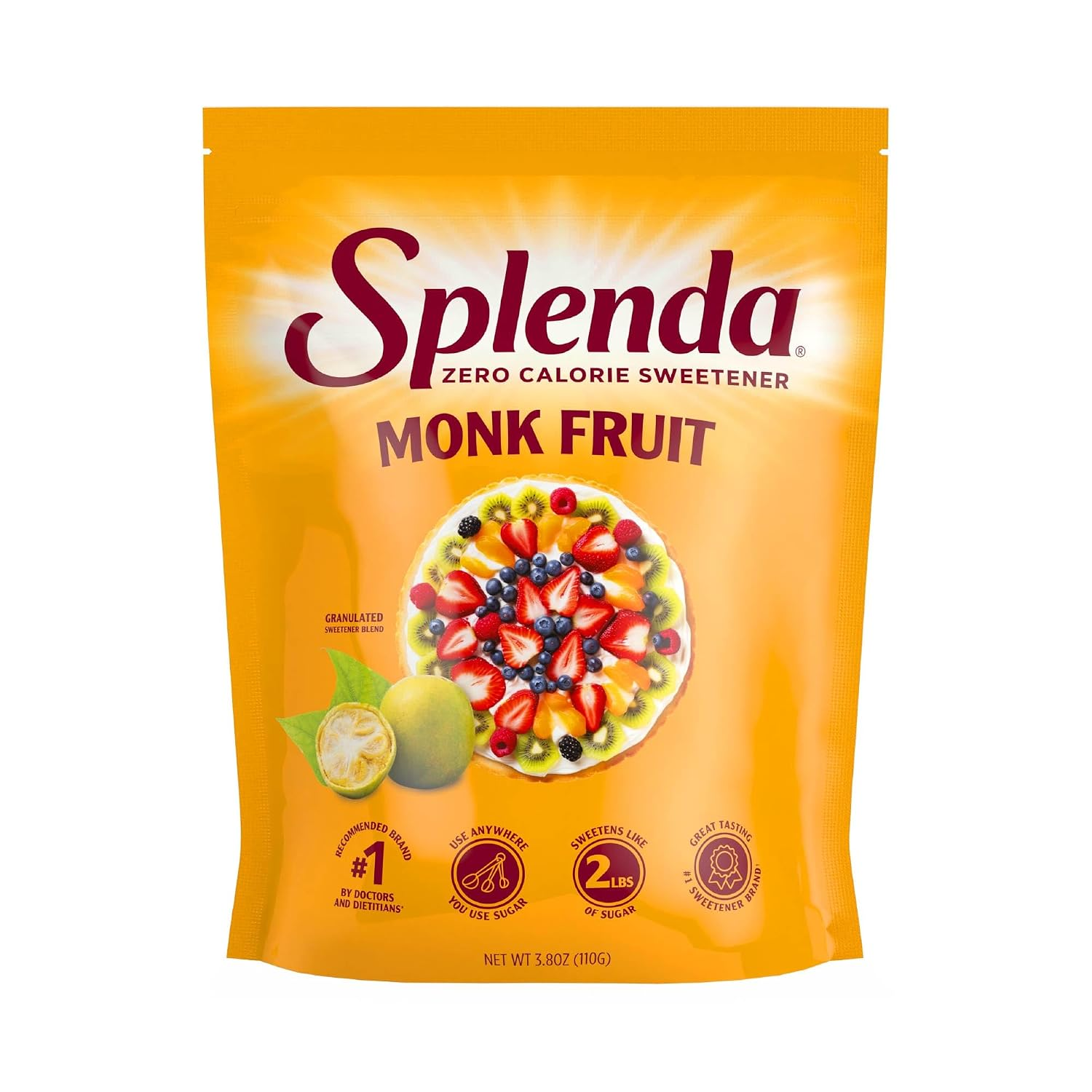 Monk Fruit Zero Calorie Plant Based Granulated Sweetener, No Erythritol, Sugar Substitute, 3.8 Oz (Pack of 1)