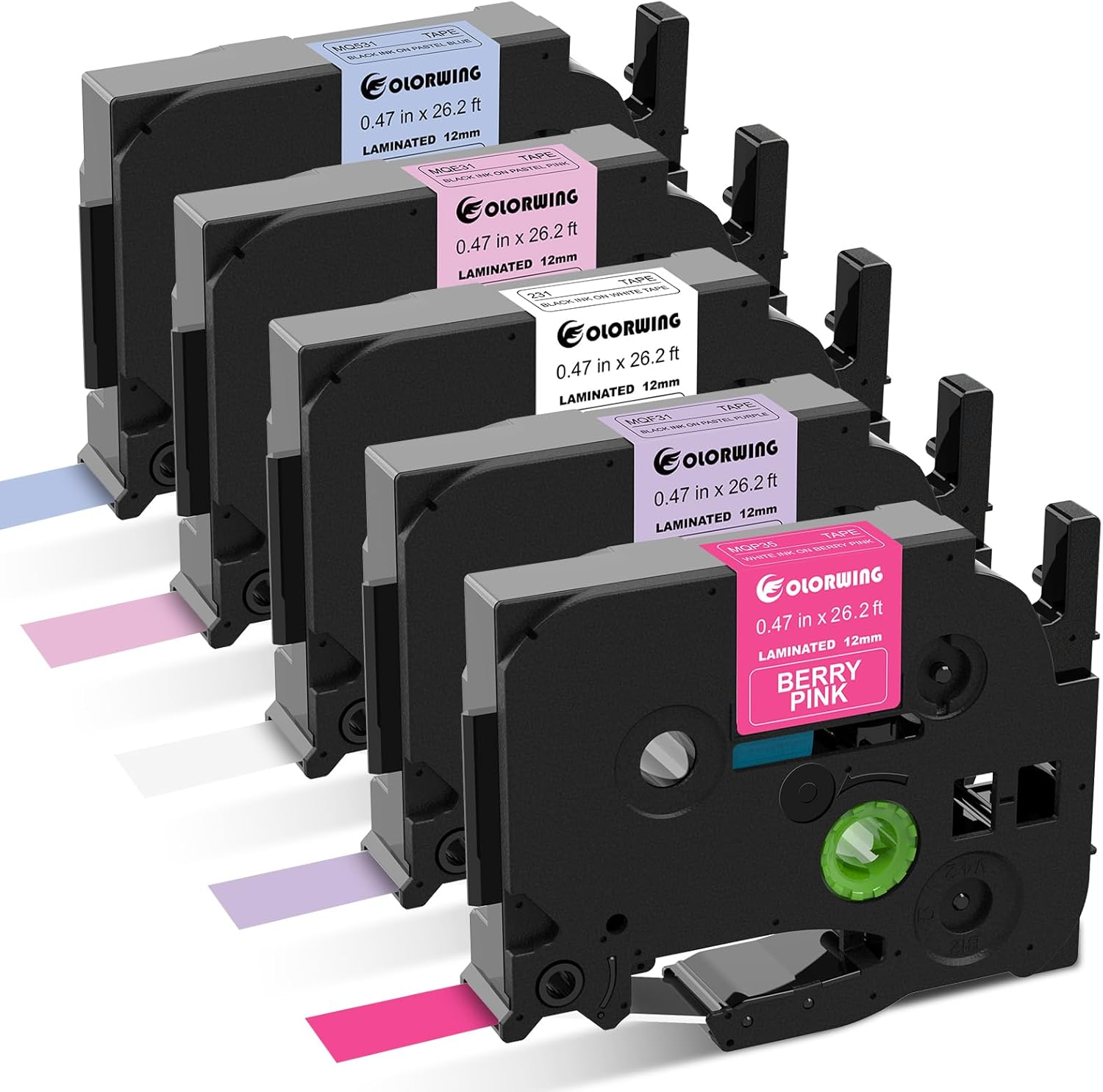 5-Pack Compatible with Brother TZe TZ Tape P Touch Label Tape 12mm 0.47 Laminated Label Maker Tape, for Ptouch PT-D210 PT-H110 PT-D220 PTD610BT D400 D600, White/Berry Pink/Purple/Pink/Blue