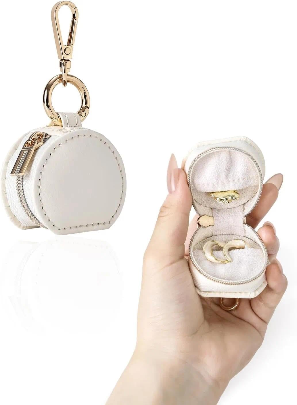 Travel Jewelry Case Keychain with Nylon Zipper Strap and Buckle, Portable PU Leather Women Jewelry Holder for Earrings Rings Necklaces (White) -