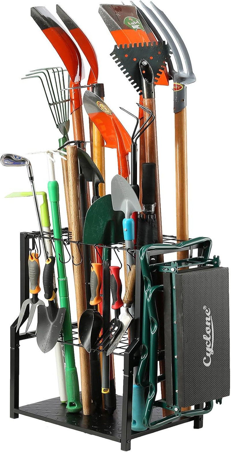 Garden Tool Organizer Heavy Duty,Yard Tool Tower Rack,Garage Storage Organization for Long Handle Tools,Rake,Brooms,Extra Hooks for Small Shovel,Shear.All Metal,Free Standing.
