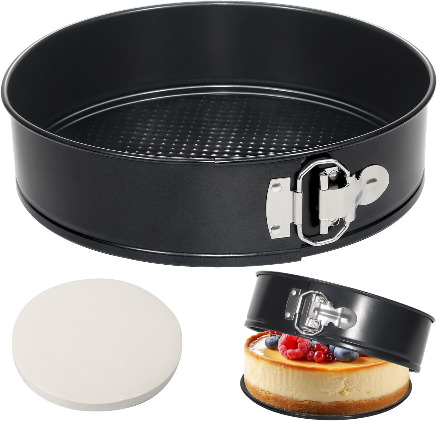 9 Inch Springform Pan Tin with 50pcs Parchment Paper Cheesecakes Baking Mold Round Leakproof Nonstick Removable Bottom Bakeware for Pie Cake Pizza and Quiches
