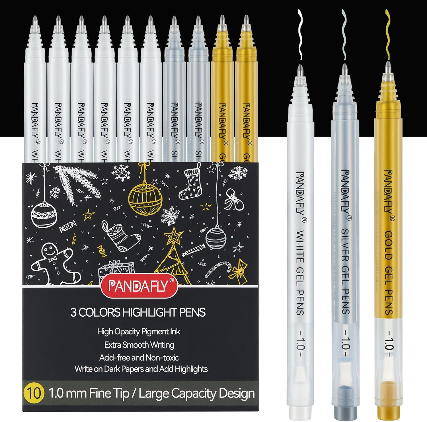 PANDAFLY Gold Silver White Gel Pens, 10 Pack, 1Mm Extra Fine Point Gel Ink Pens