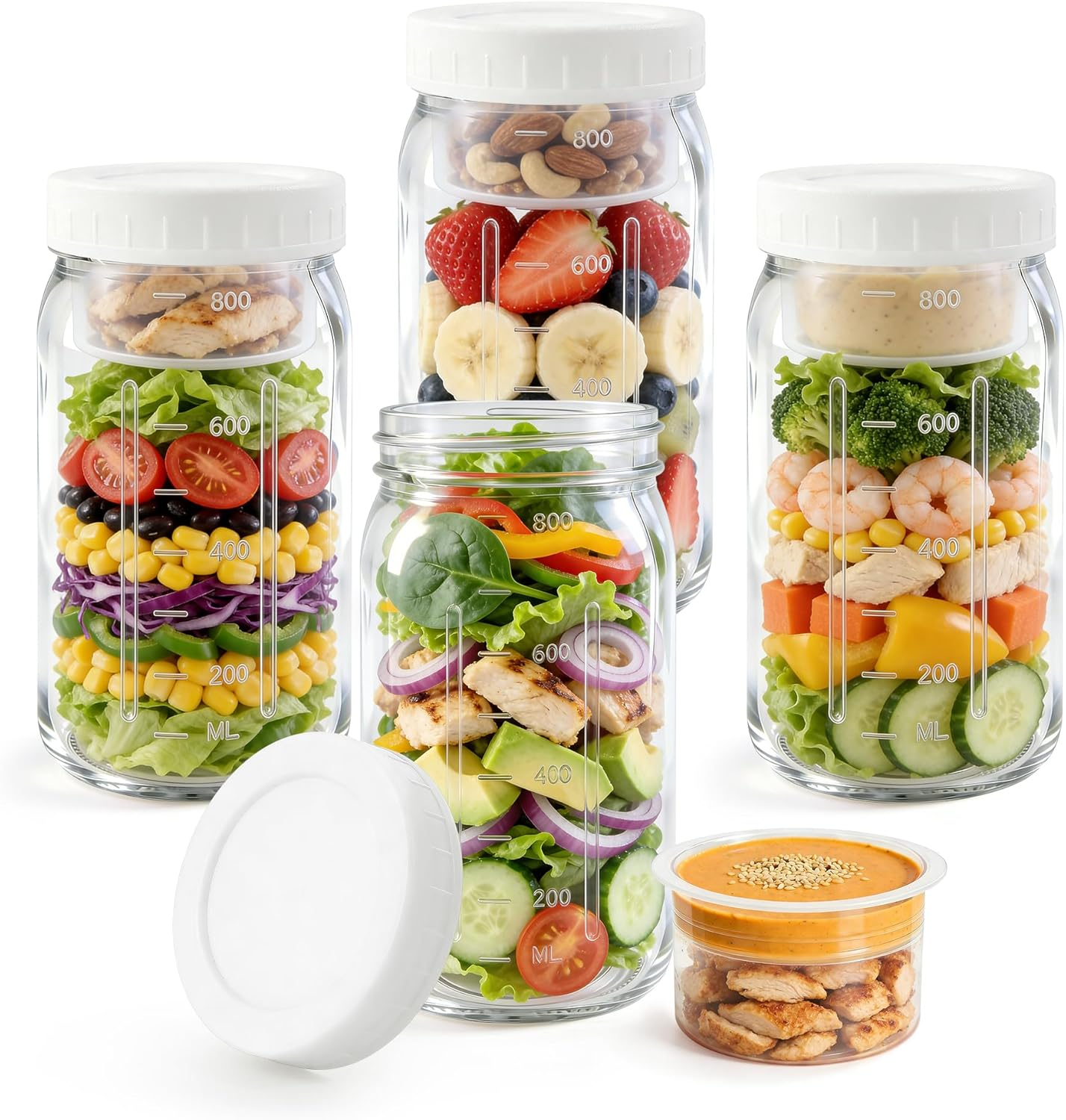 4Pack Glass Salad Jars with Lids Meal Prep- 32Oz Leakproof Container for Lunch | Comes with 2 Built-In Compartments for Wet/Dry Separation | Salad Dressing and Dry Ingredients Storage.