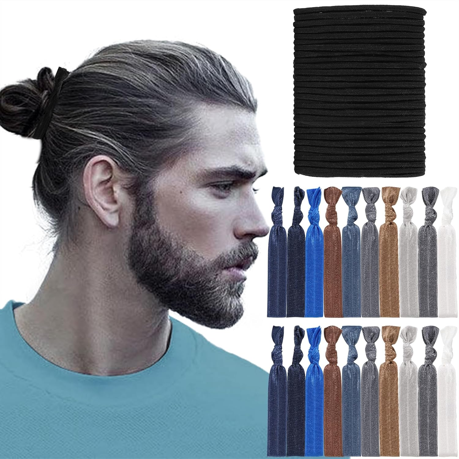 79Style Mens No Damage Knotted Elastic Fabric Hair Ties - Flat Ribbon Ponytail Holders for Men'S Long Hair (10 Colors)