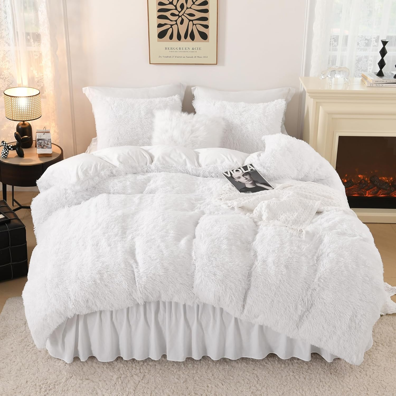 White Fluffy Comforter King Size, Luxury Shaggy Faux Fur Plush Bedding for King, Ultra Soft Warm Velvet Bed Set 3 Pieces(1 Fuzzy Comforter 104×90 Inch, 2 Pillowcases)