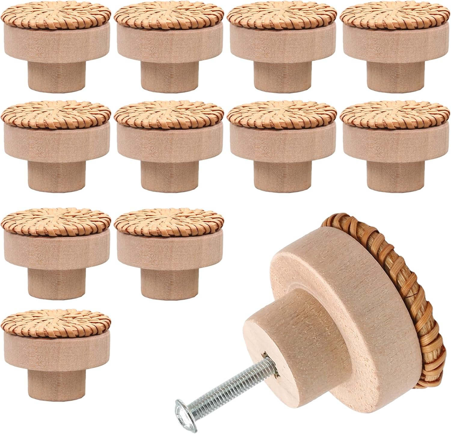12 Pcs Brown Boho Rattan Dresser Knobs and Pulls, Decorative Wooden Drawer Handles for Kitchen, Bathroom and Closet