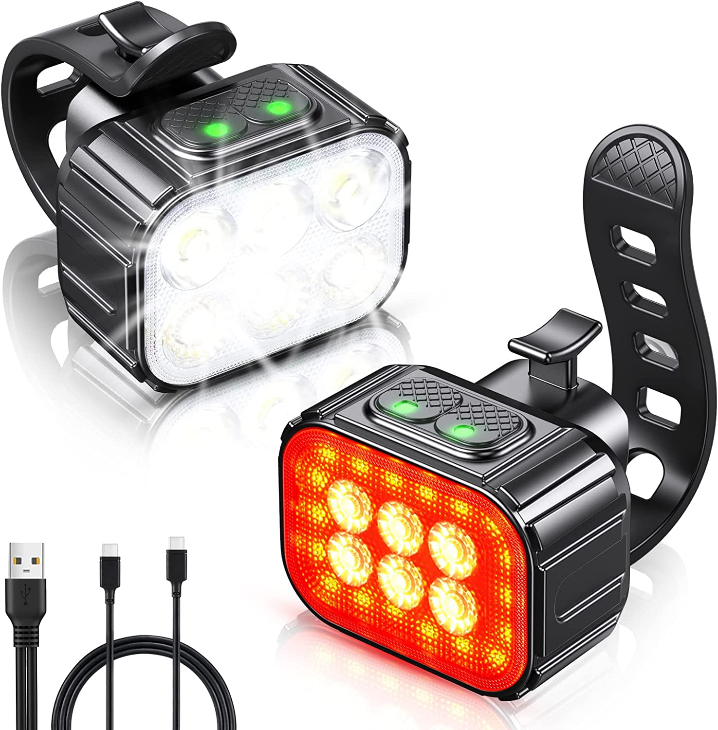 Bike Lights, USB-C Rechargeable Bike Light Set, Super Bright 6 LED Bike Headlight with Spot & Flood Beam, IP65 Waterproof, 4X4 + 6X6 Lighting Modes, Cycling Mountain Bike Lights Front and Back