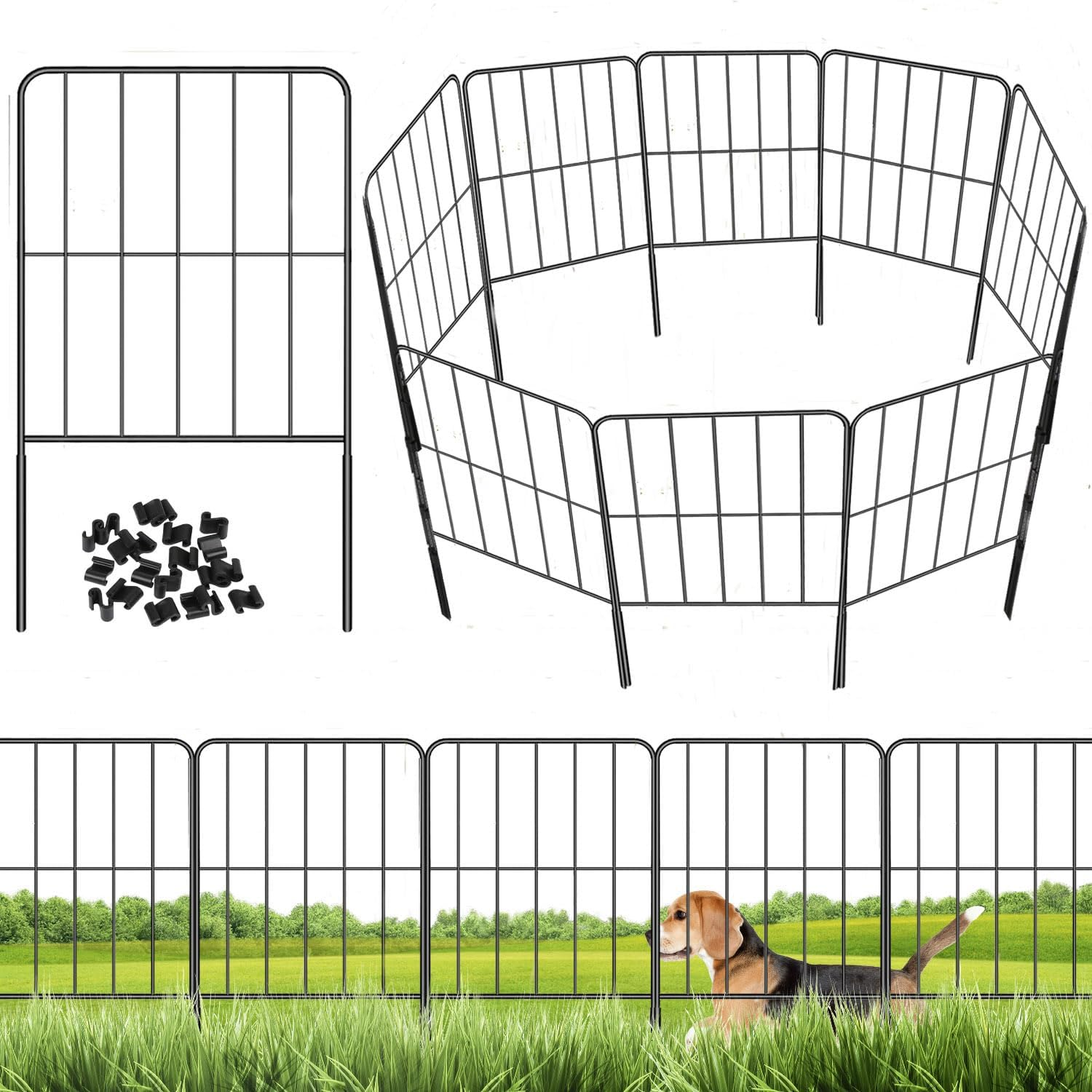 10 Panels Decorative Garden Fence 330Cm (L) X 60Cm (H), Rustproof Metal Wire Fencing Border Animal Barrier, Decorative Garden Fences for Dogs, Flower Bed, Patio, Square Black No Dig Fence