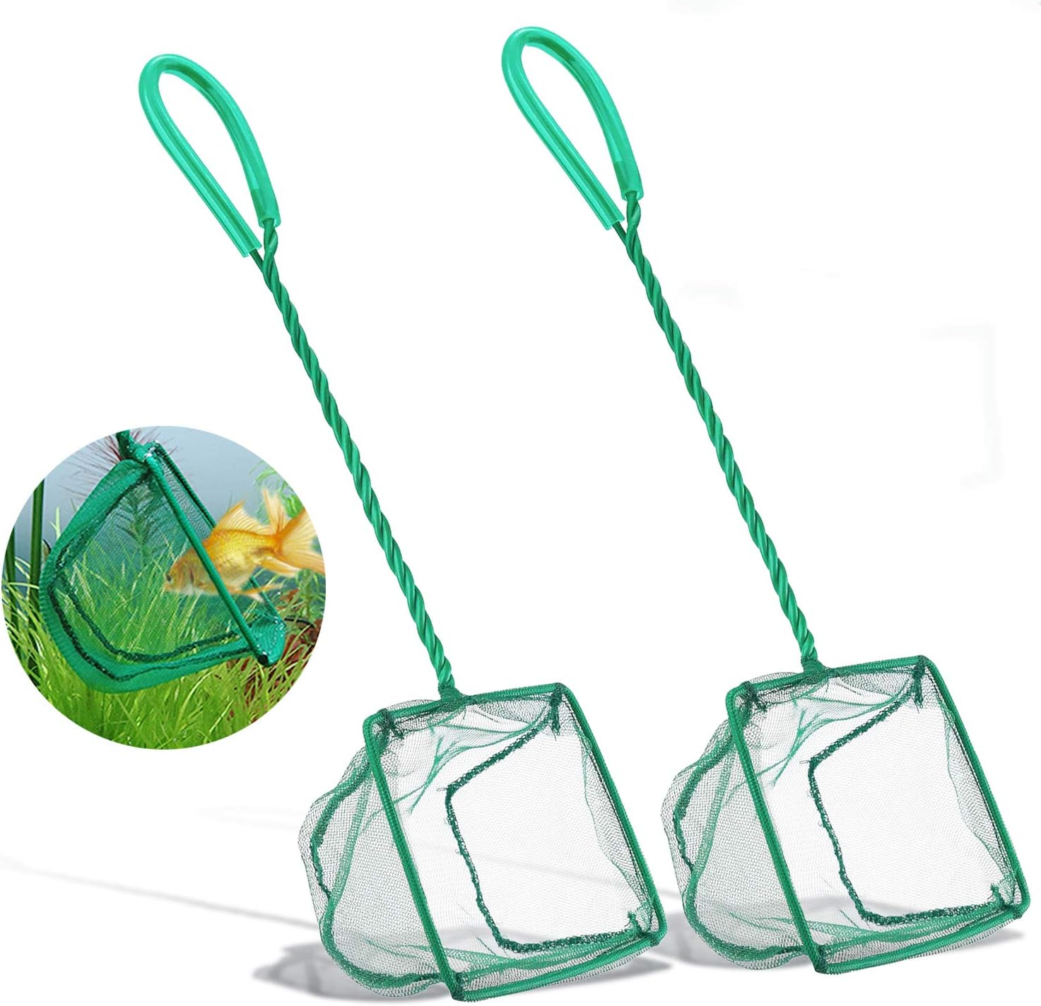2 Pack Aquarium Fish Nets,  4 Inch Small Mesh Fish Catch Nets with Plastic Handle Green (Pine Green)