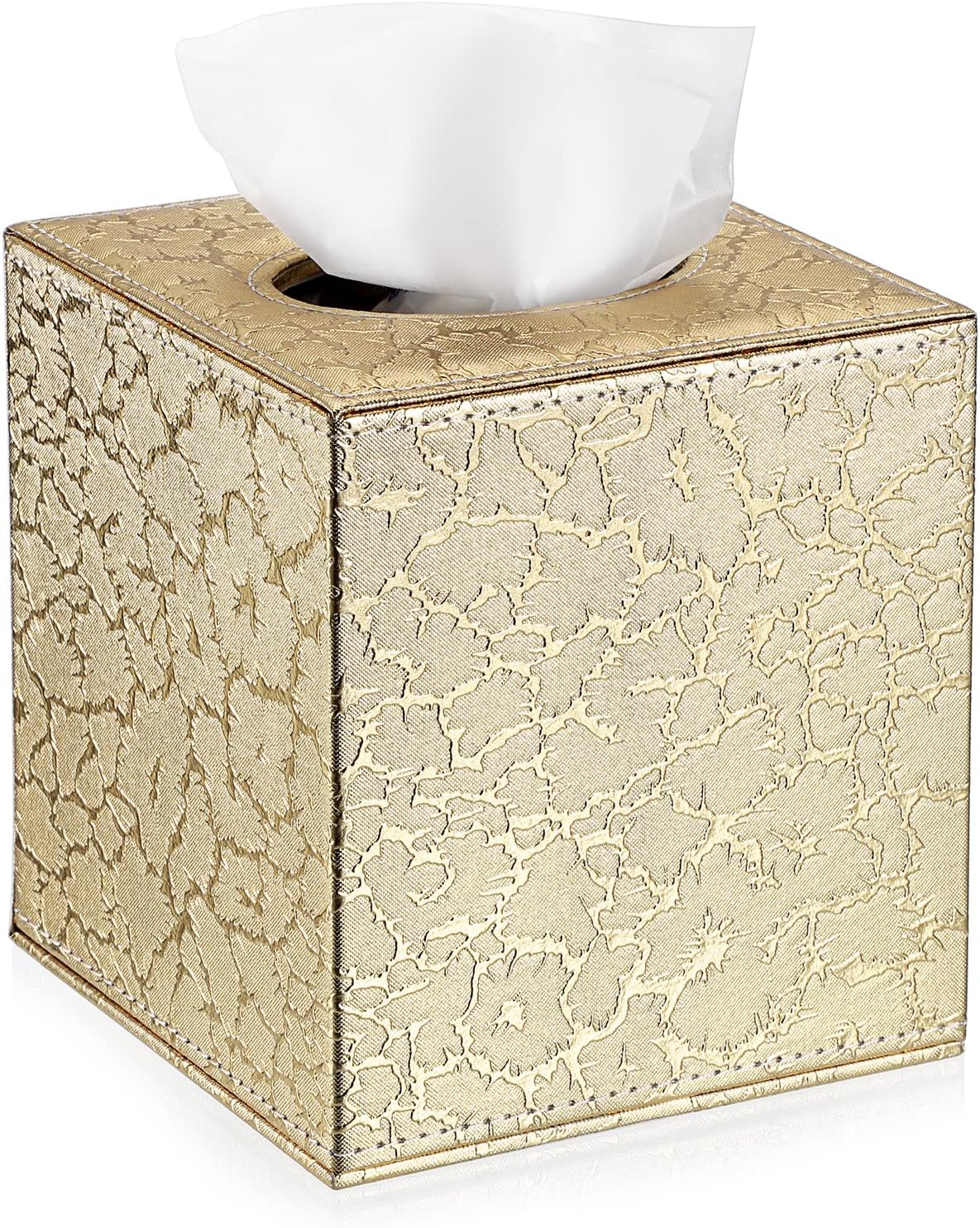 PU Leather Cube Tissue Box Cover Holder, Gold | for Household Office Hotel Cafe