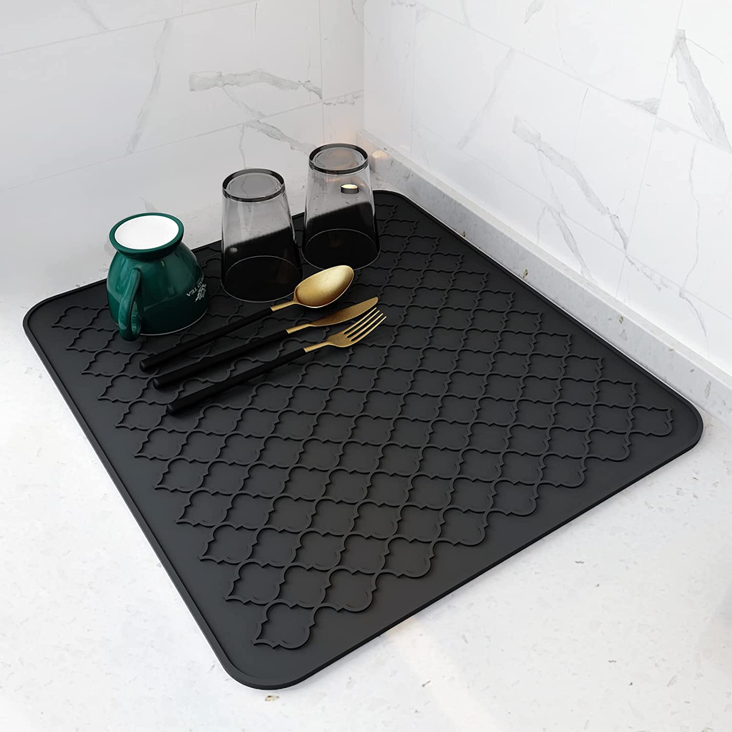 AMOAMI Dish Drying Mats for Kitchen Counter - Silicone Dish Drying Mat - Heat Resistant Mat - Black (16