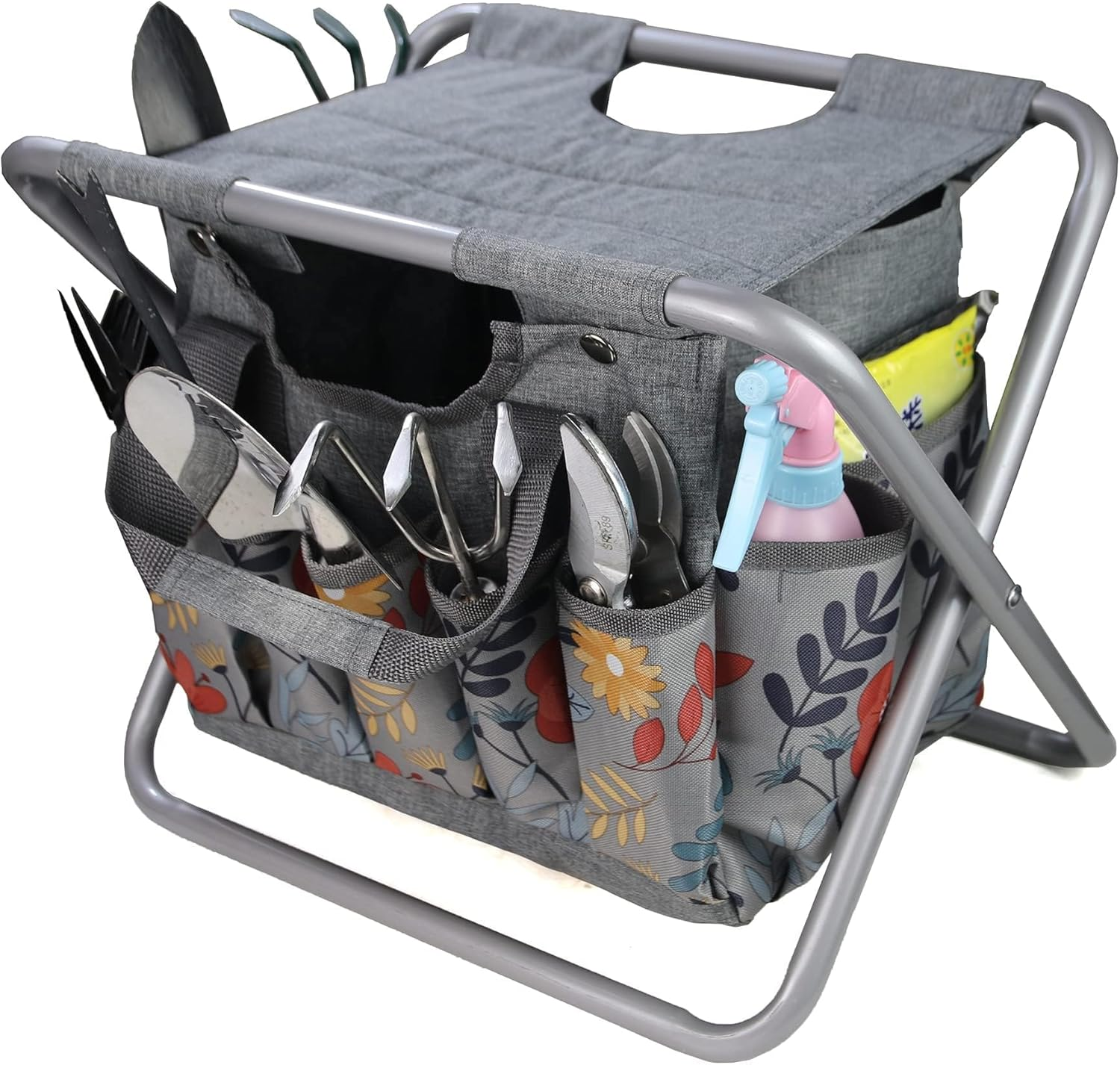 Folding Gardening Stool with Detachable Storage Tote Bag Tools Set Organizer for Fishing Outdoor Sports Hiking Camping Garden, Gardening Gifts for Mom/Dad, without Tools (Aluminum)