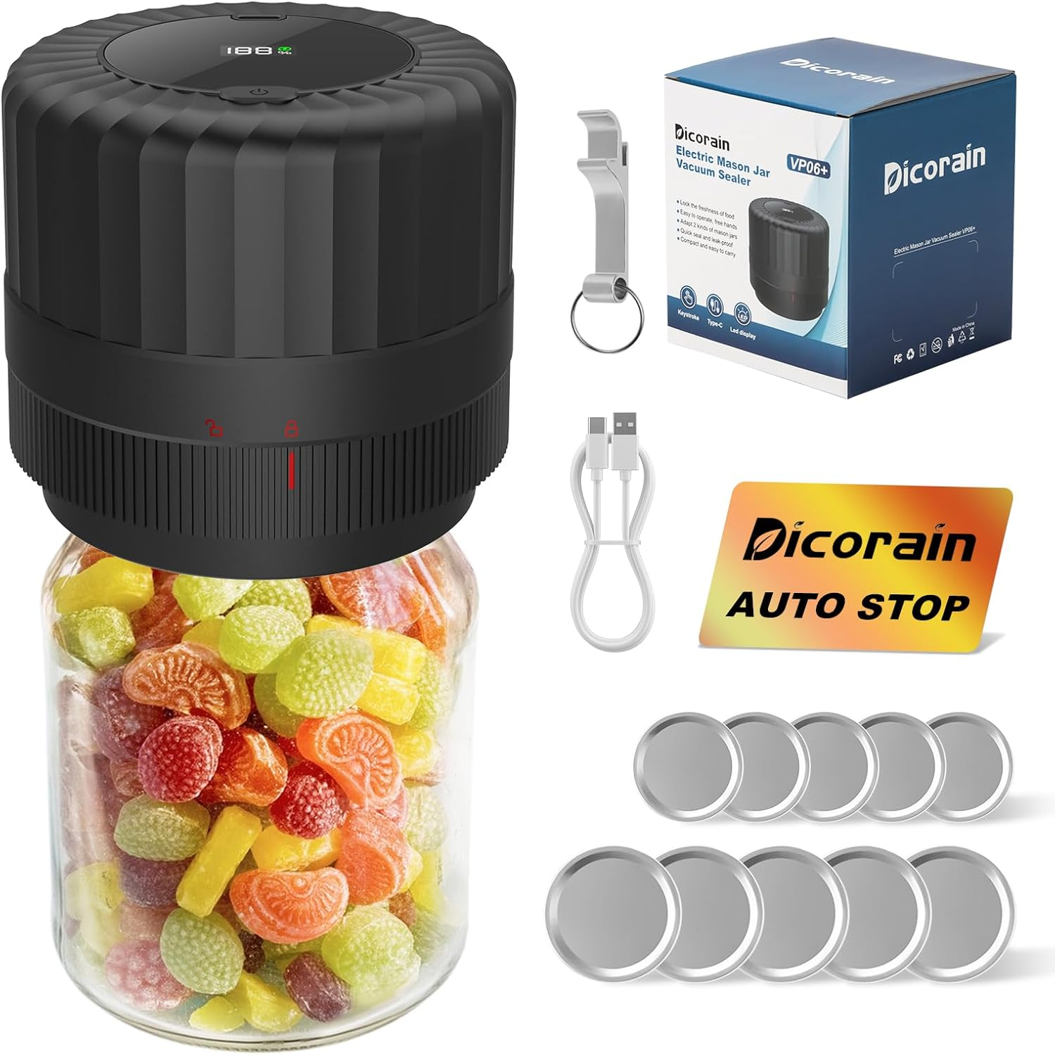 Electric Mason Jar Vacuum Sealer Kit Wide & Regular Mouth with Opener 5 Lid Pairs