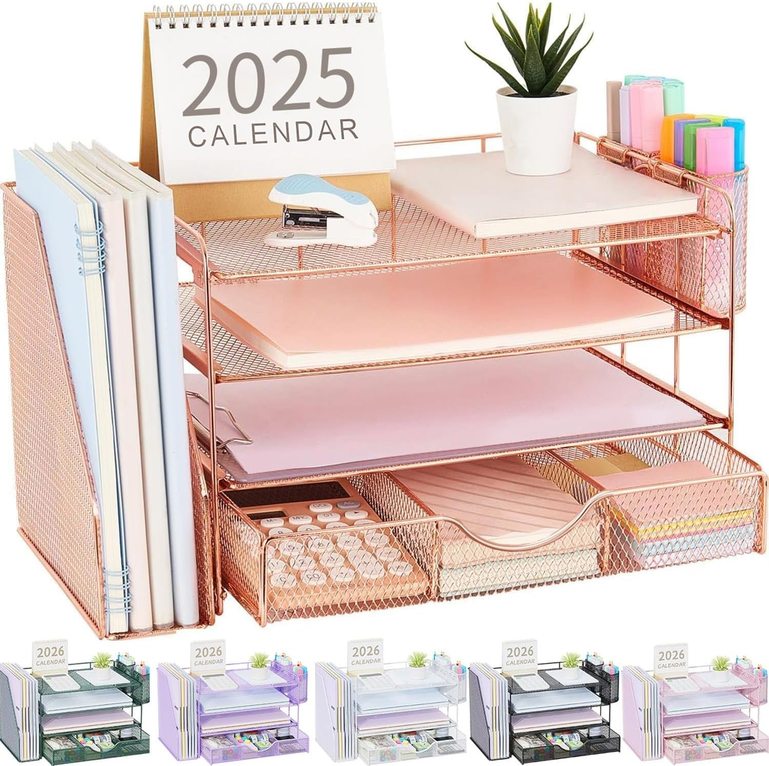 Gianotter Desk Organizers and Accessories with File Holder, 4-Tier Desk Accessories & Workspace Organizers with Drawer and 2 Pen Holder, Paper Organizer for Office Supplies (Rose Gold)