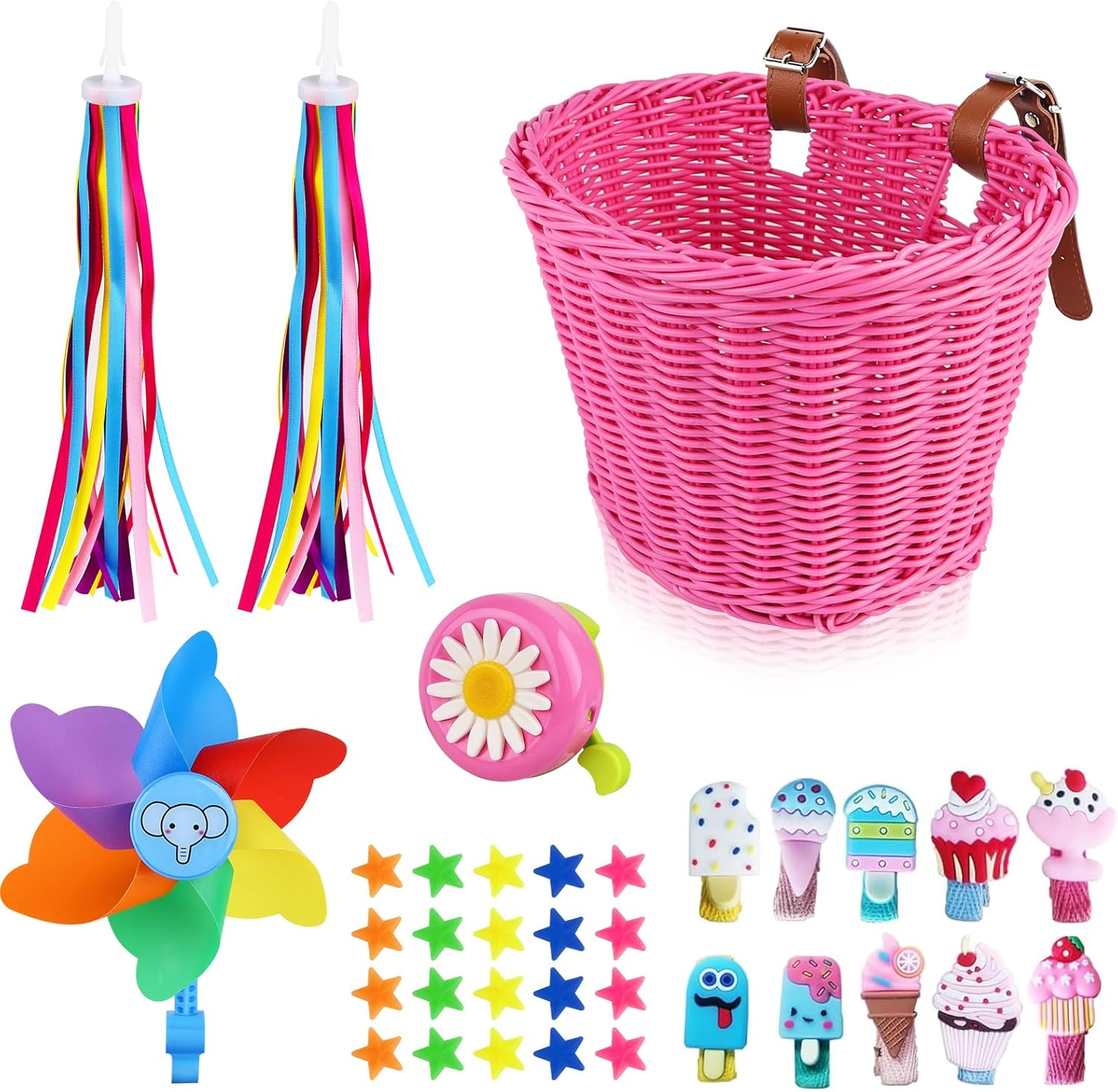 FANOVO Kids Bike Basket, Detachable Bike Basket for Girls with Colorful Bicycle Streamers, Bicycle Bell, Windmill, Wheel Beads