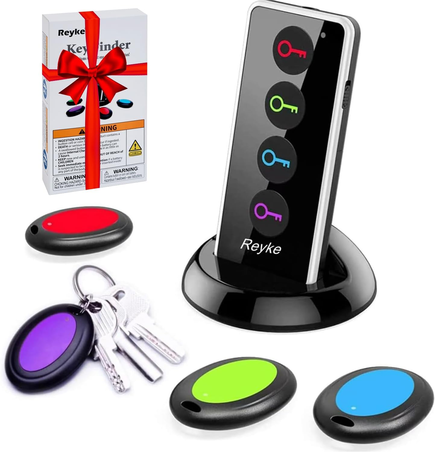 Reyke Key Finder, 80Db+ RF Item Locator Tags with 131Ft. Working Range, Wireless Remote Tracker for Wallet, Phone, Glasses, Pet, 1 RF Transmitter & 4 Receivers