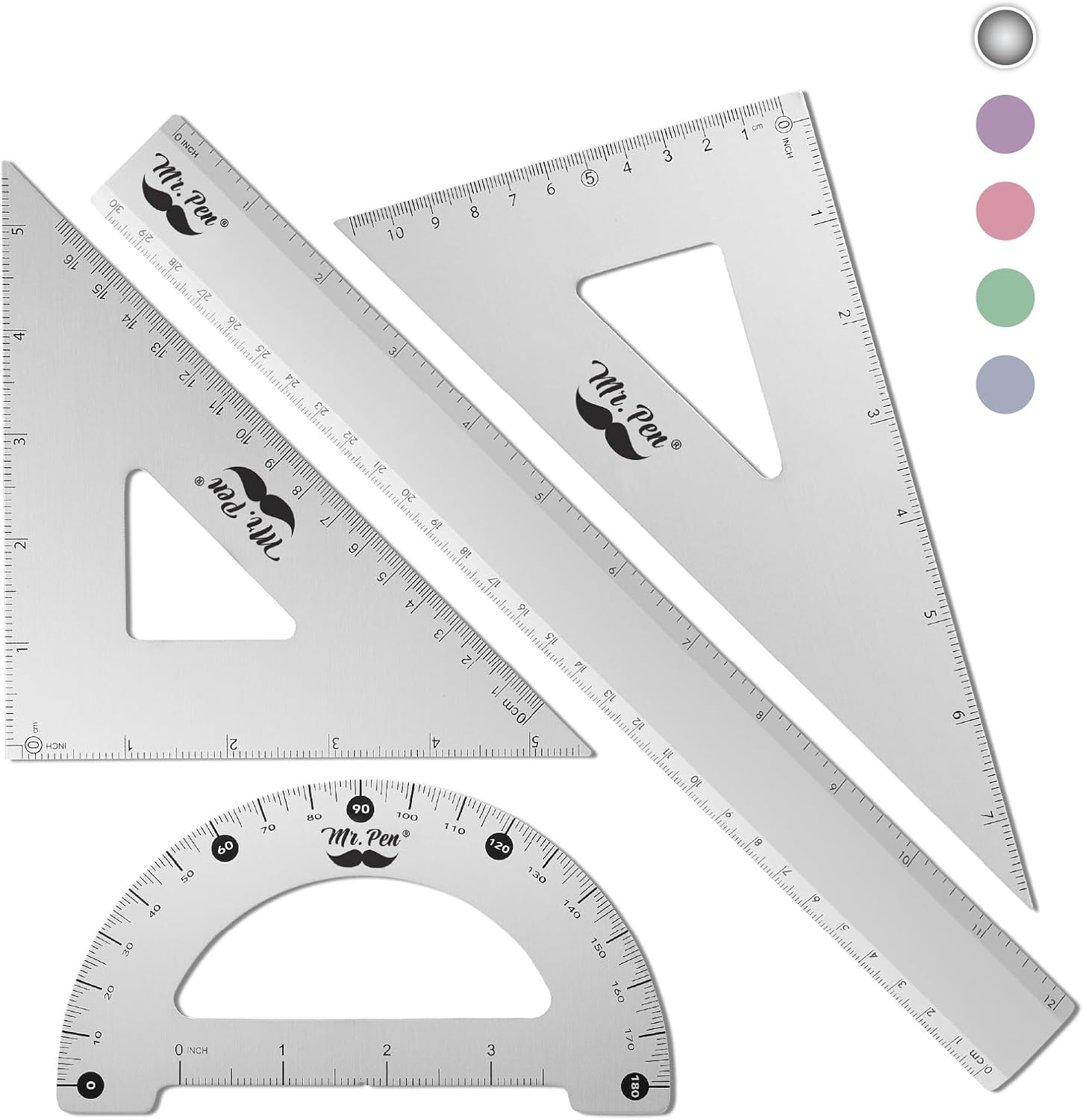 Mr. Pen Metal Geometry Kit - 4Pack Set Square, Protractor, Aluminum Ruler, Drafting Triangles