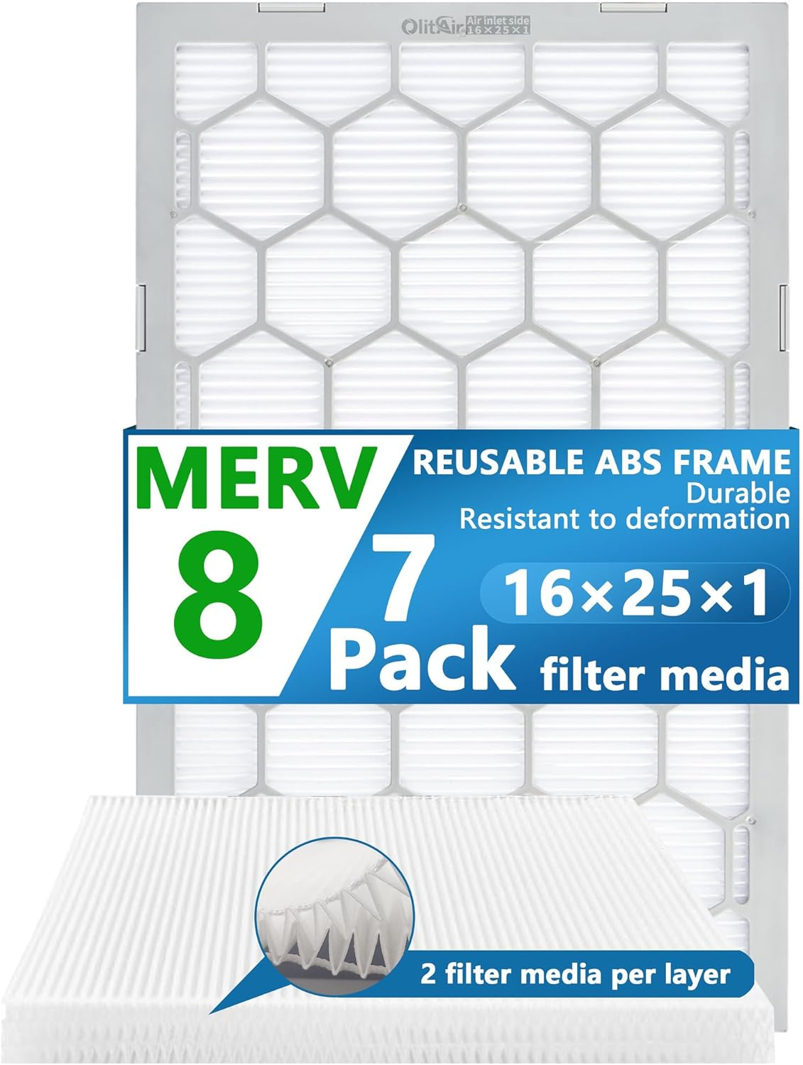 16X25X1 MERV 8 Air Filter,Ac Furnace Air Filter,Reusable ABS Plastic Frame, 7 Pack Replaceable Filter Media (Actual Size: 15 3/4