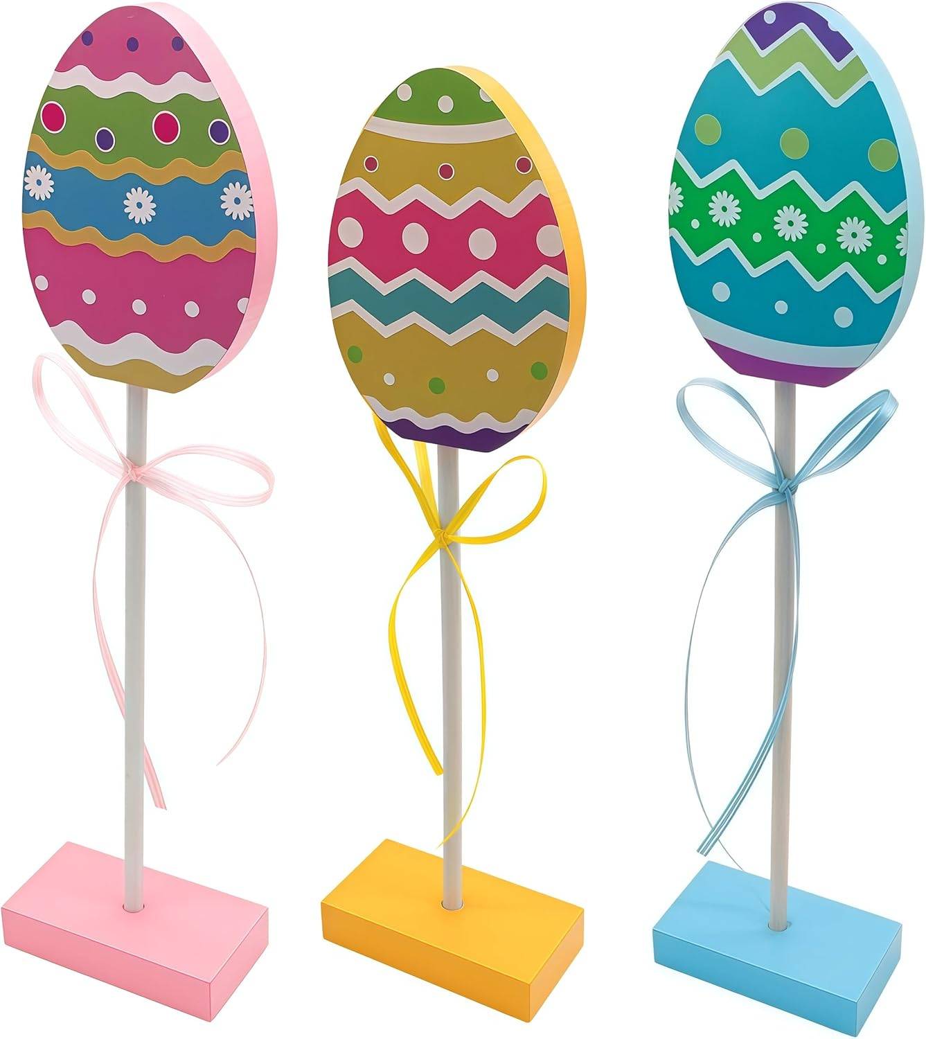 3 Pieces Easter Tiered Tray Decor Colorful Easter Eggs Wooden Table Ornament Easter Rustic Table Centerpiece Standing Egg Sign for Home Spring Party Farmhouse Tabletop Shelf Decorations