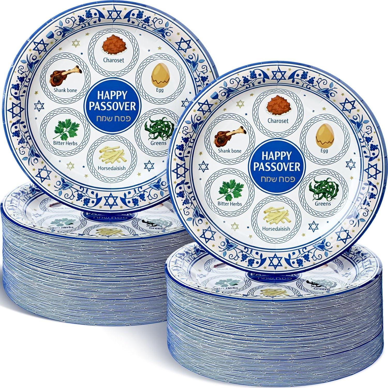 100 Pcs Passover Paper Plates 9 Inch Disposable Pesach Dinnerware Set with Traditional Food Happy Passover Dinner Plates Table Decorations Holiday Party Supplies, Serve 100 Guests